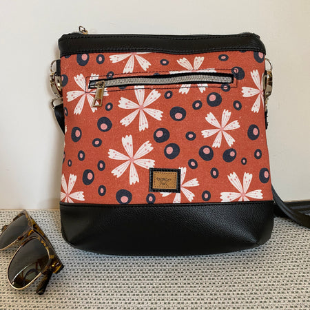 Mia Crossbody Bag - Flowers on Rust Fabric with Black Faux Leather