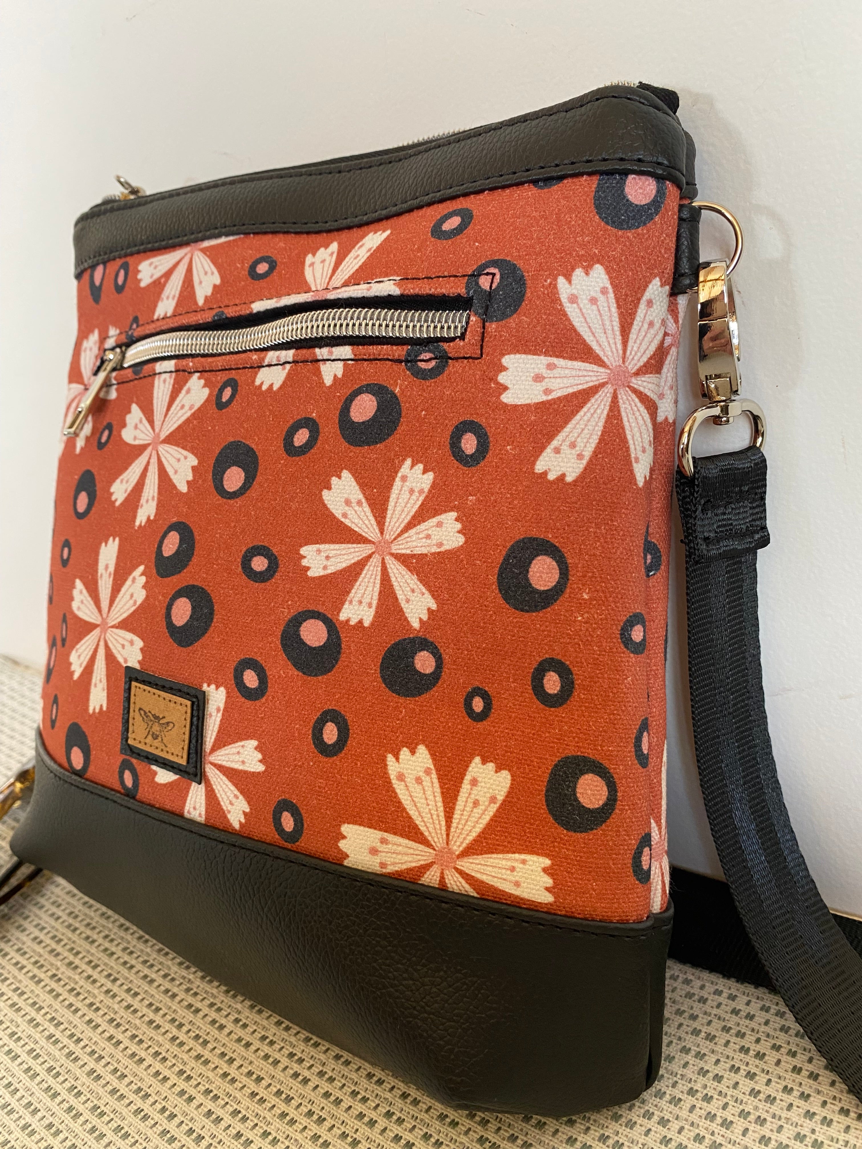 Mia Crossbody Bag - Flowers on Rust Fabric with Black Faux Leather