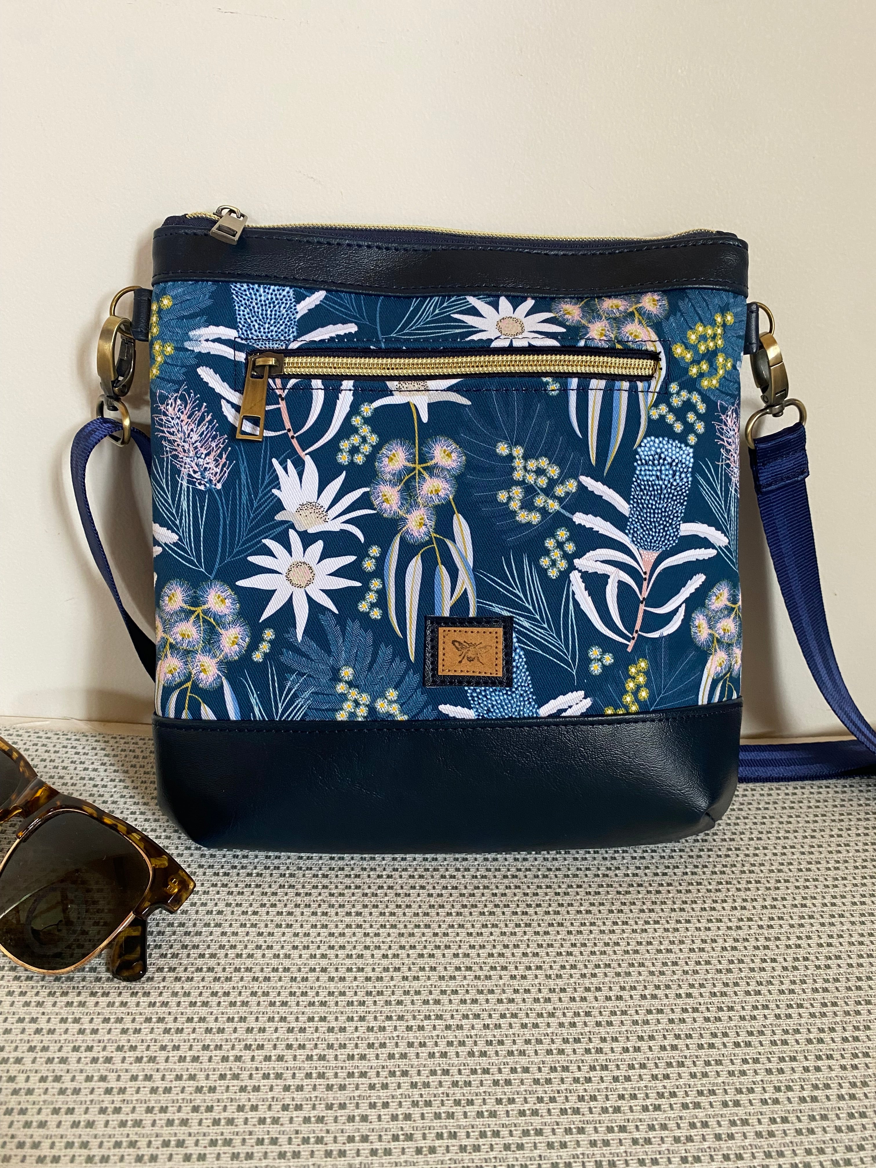 Mia Crossbody Bag - Australian Native Flowers in Blue with Navy Faux Leather