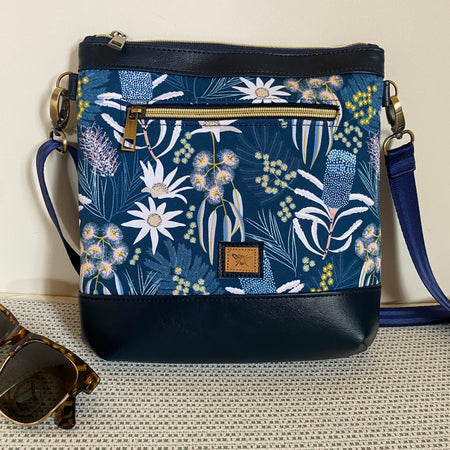 Mia Crossbody Bag - Australian Native Flowers in Blue with Navy Faux Leather
