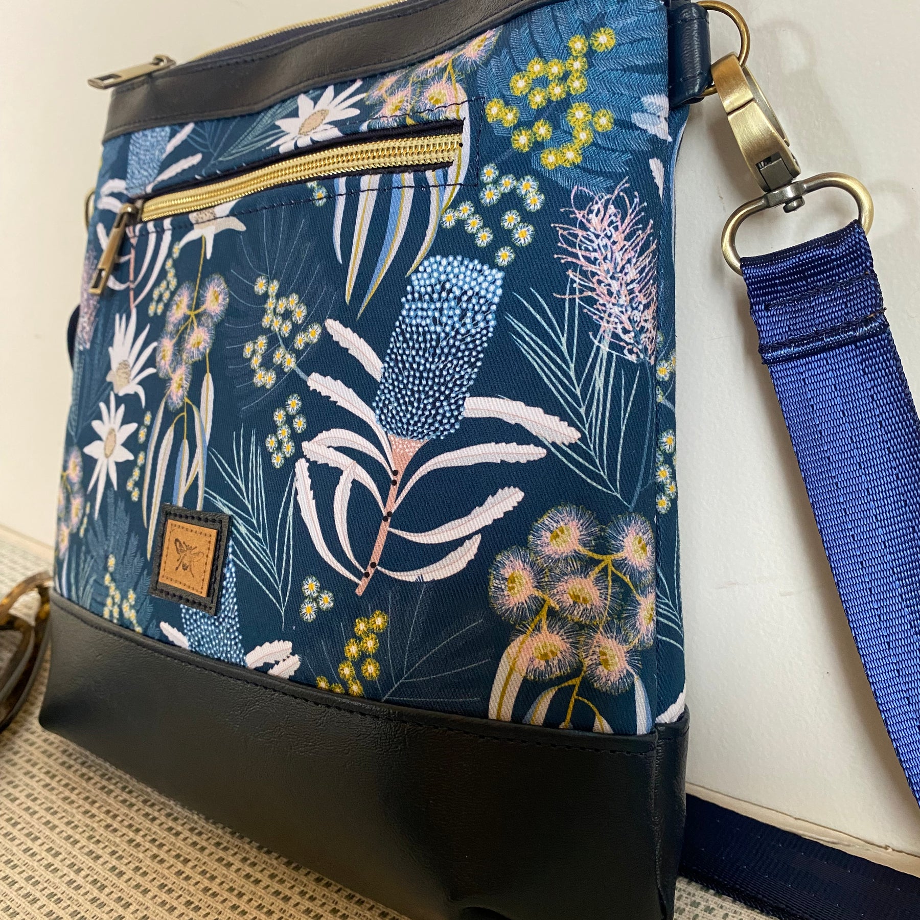 Mia Crossbody Bag - Australian Native Flowers in Blue with Navy Faux Leather