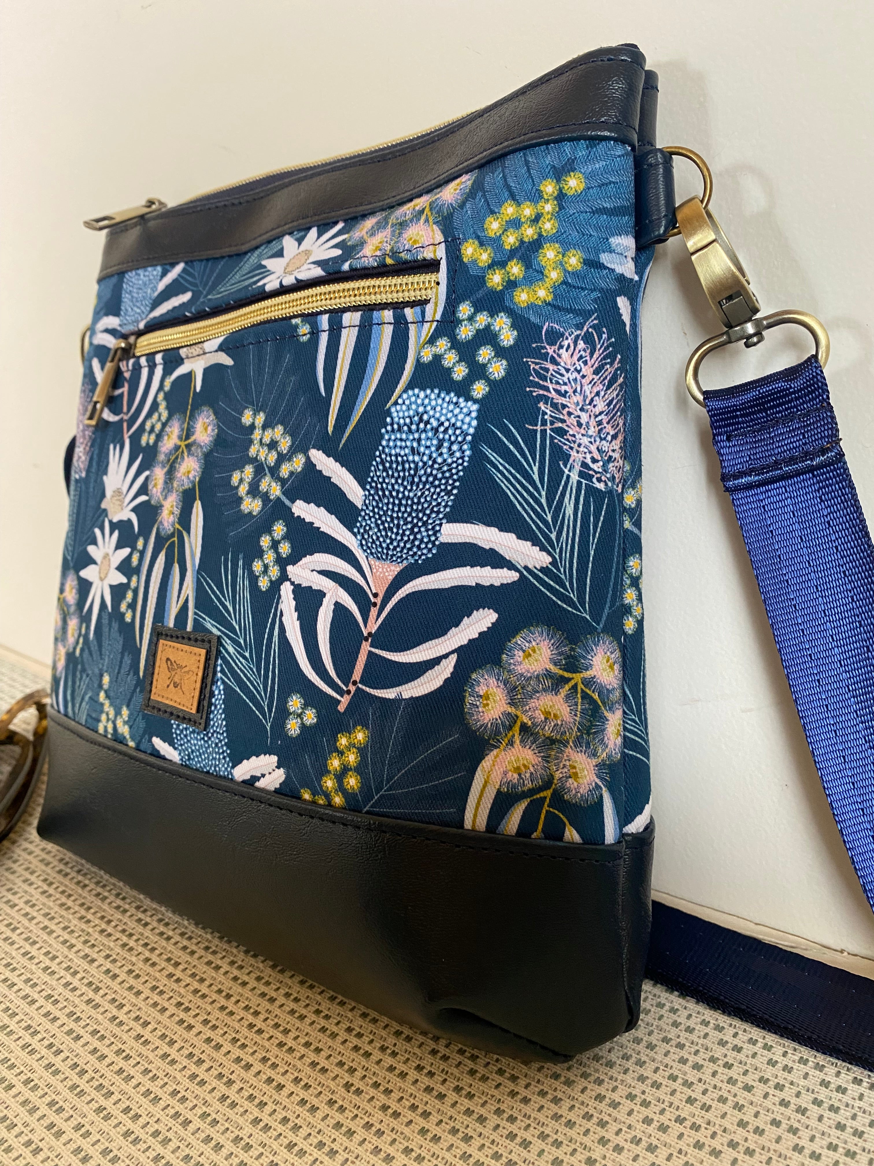 Mia Crossbody Bag - Australian Native Flowers in Blue with Navy Faux Leather