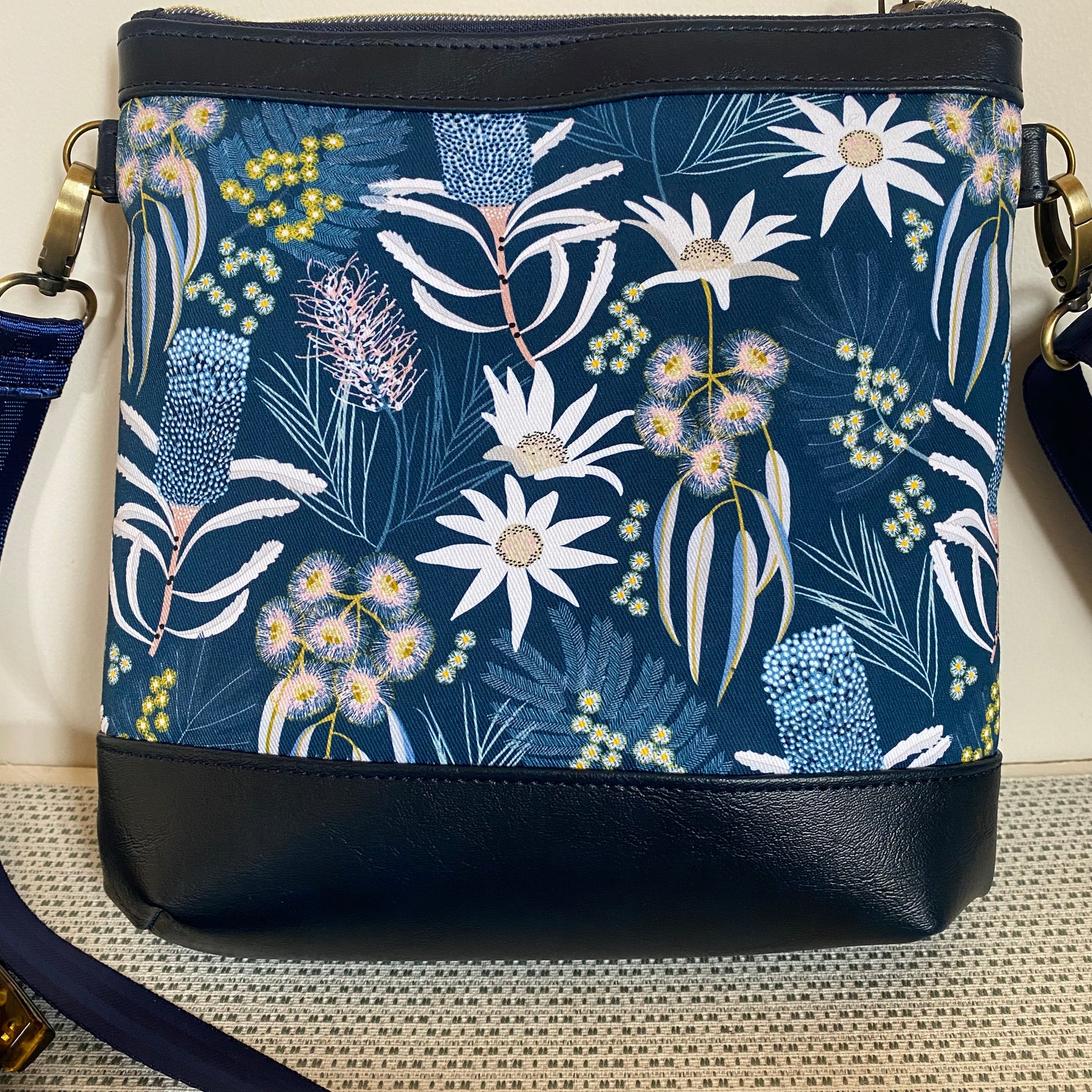 Mia Crossbody Bag - Australian Native Flowers in Blue with Navy Faux Leather