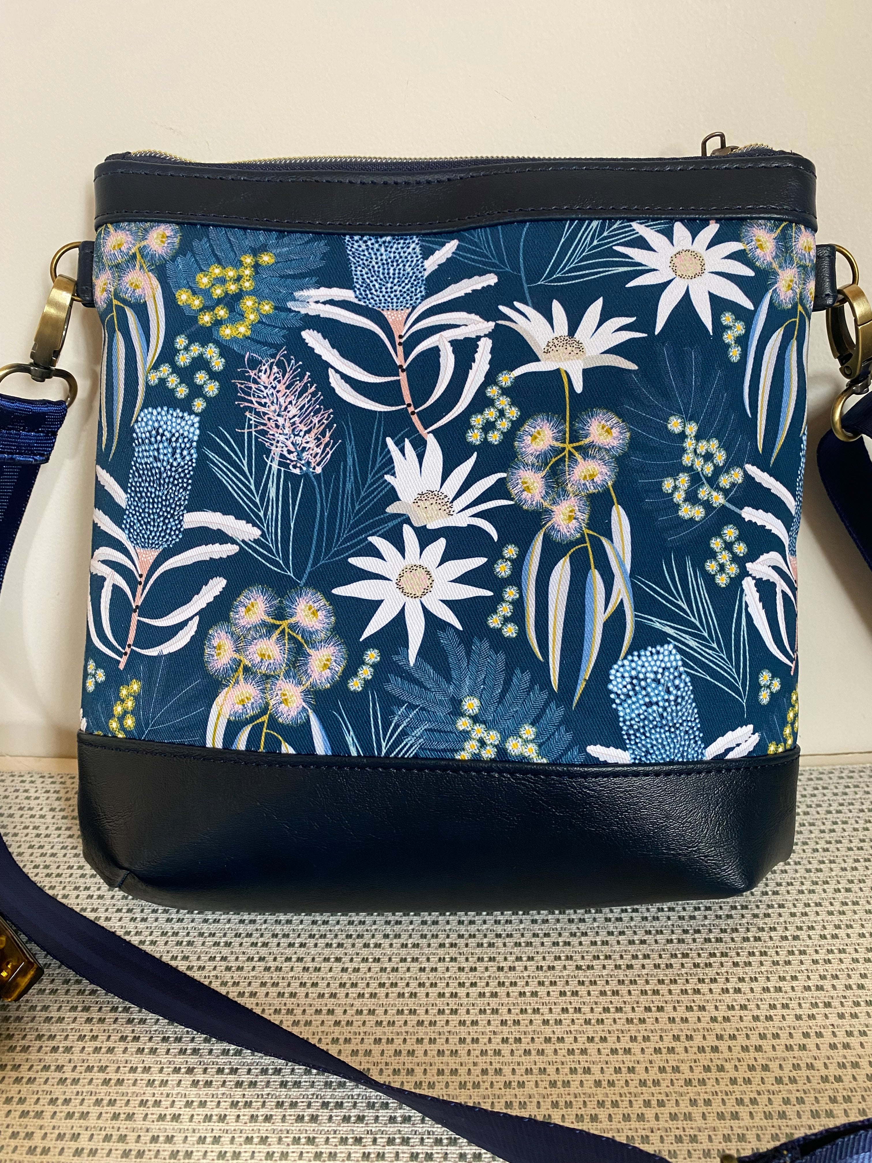 Mia Crossbody Bag - Australian Native Flowers in Blue with Navy Faux Leather