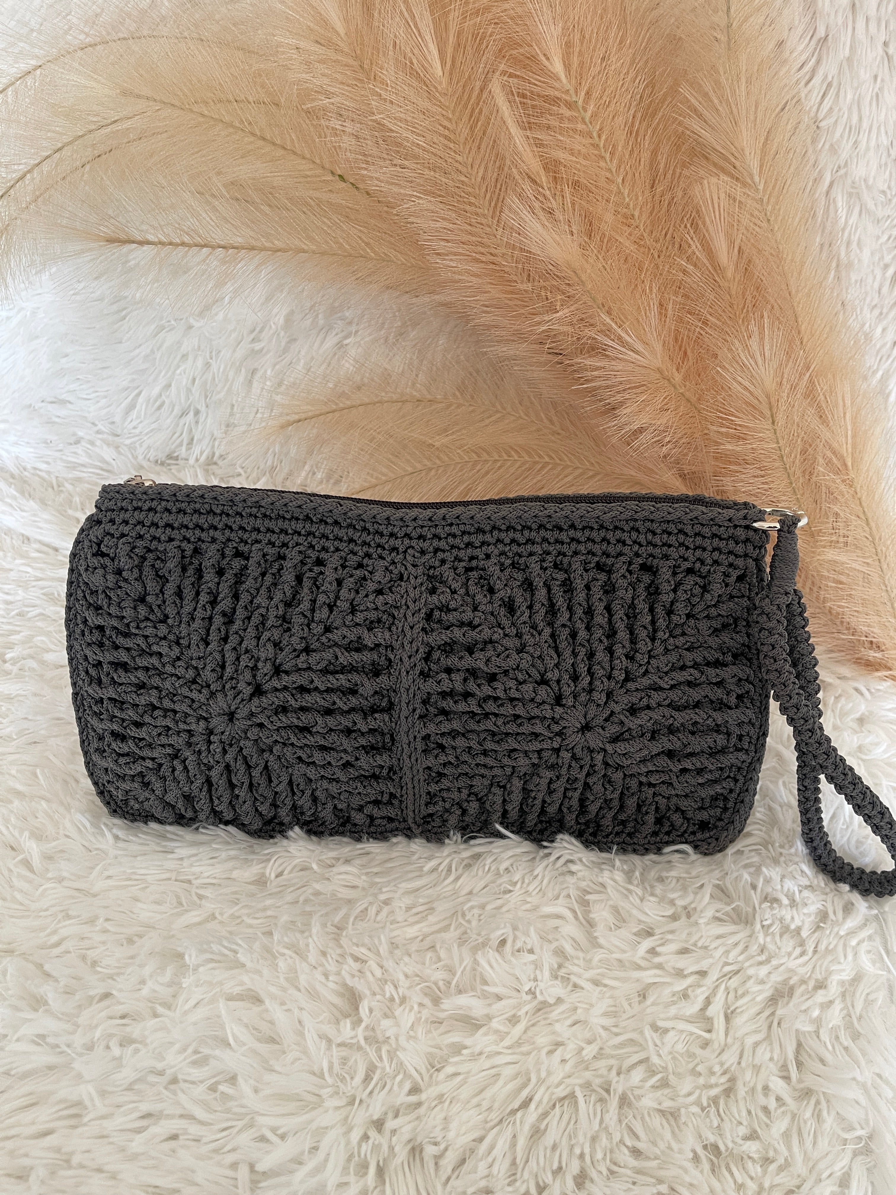 Modern Crochet Clutch Bag, Square Motifs, Wrist Strap, Lined, Gift for Her