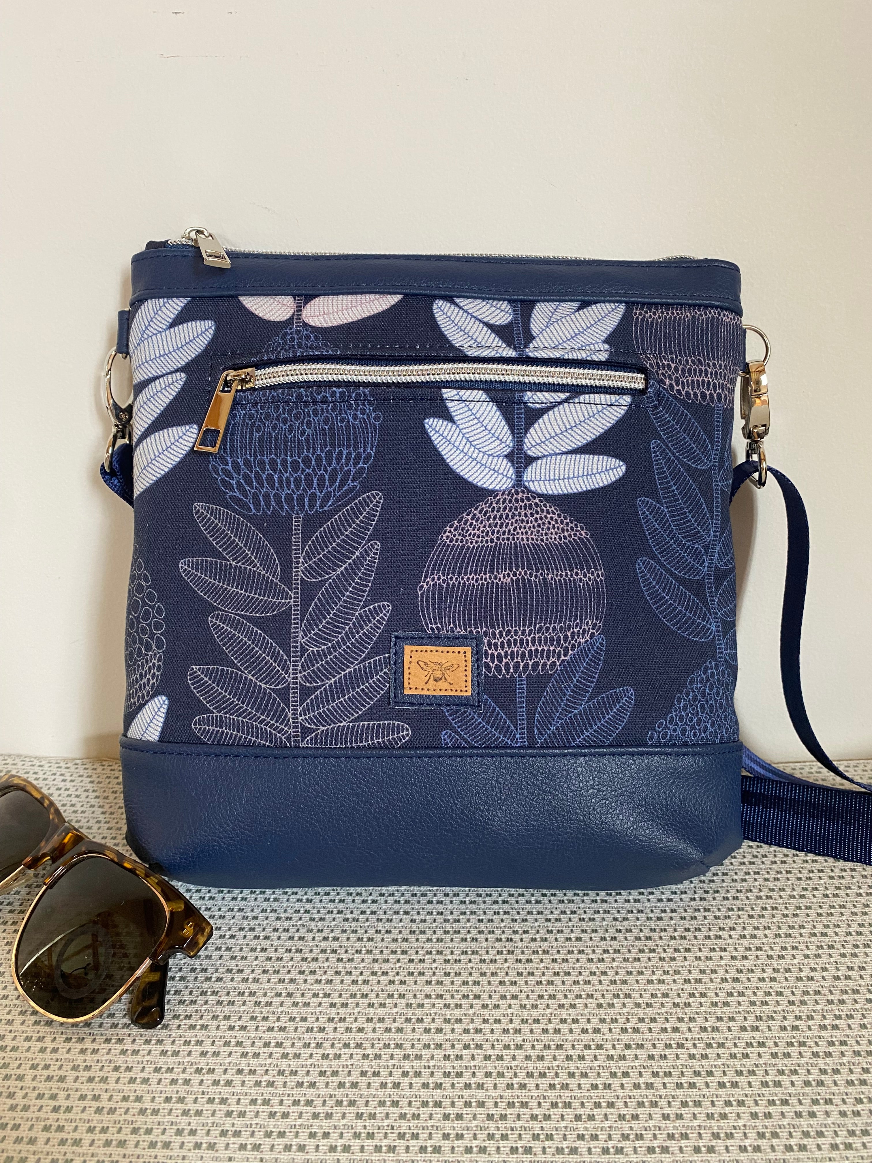 Mia Crossbody Bag - Protea in Blue with Navy Faux Leather