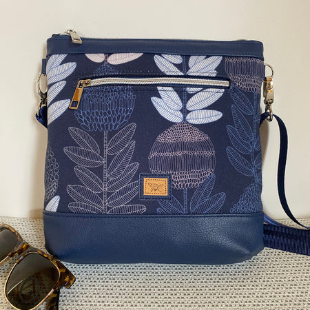 Mia Crossbody Bag - Protea in Blue with Navy Faux Leather