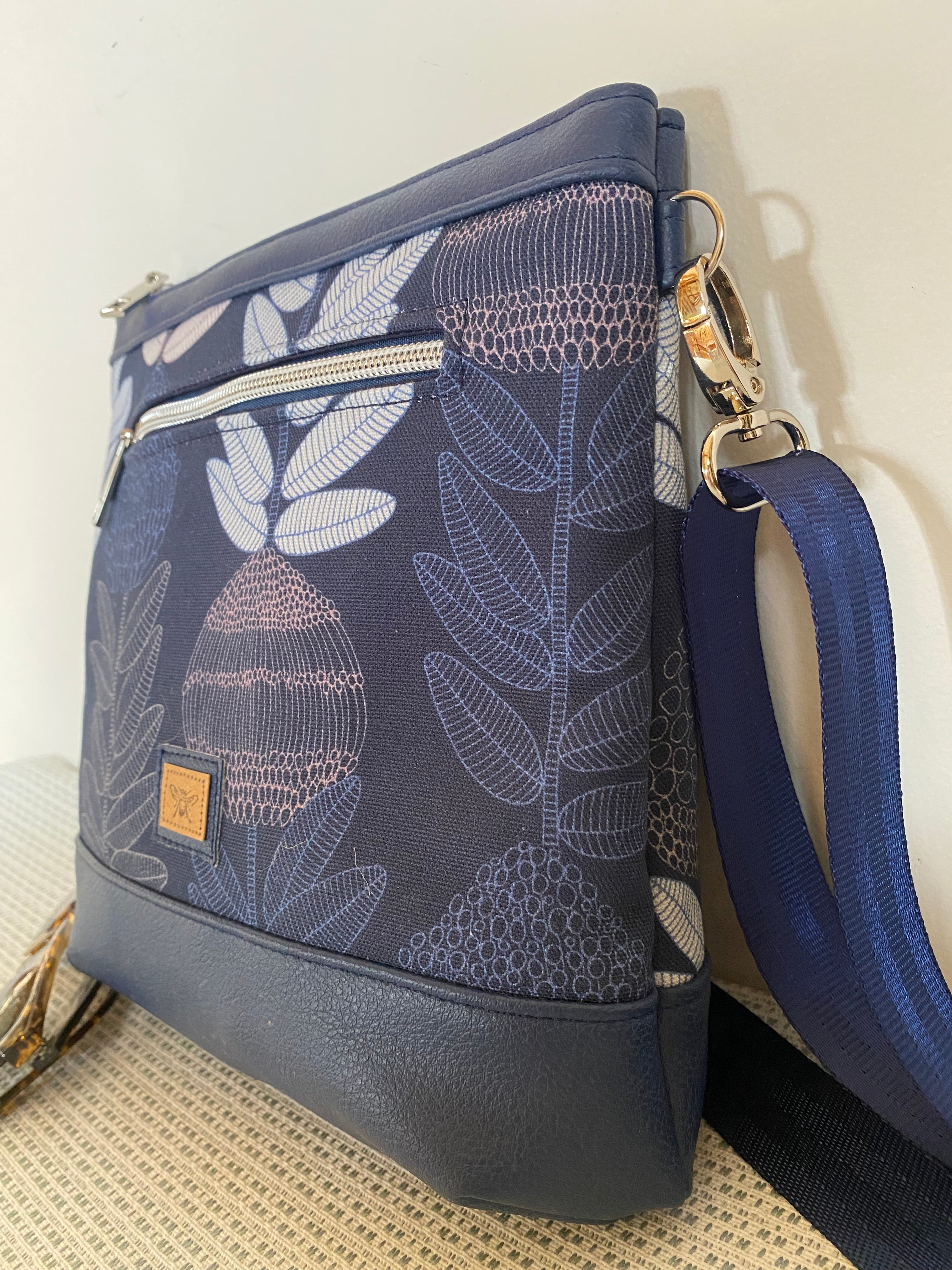 Mia Crossbody Bag - Protea in Blue with Navy Faux Leather
