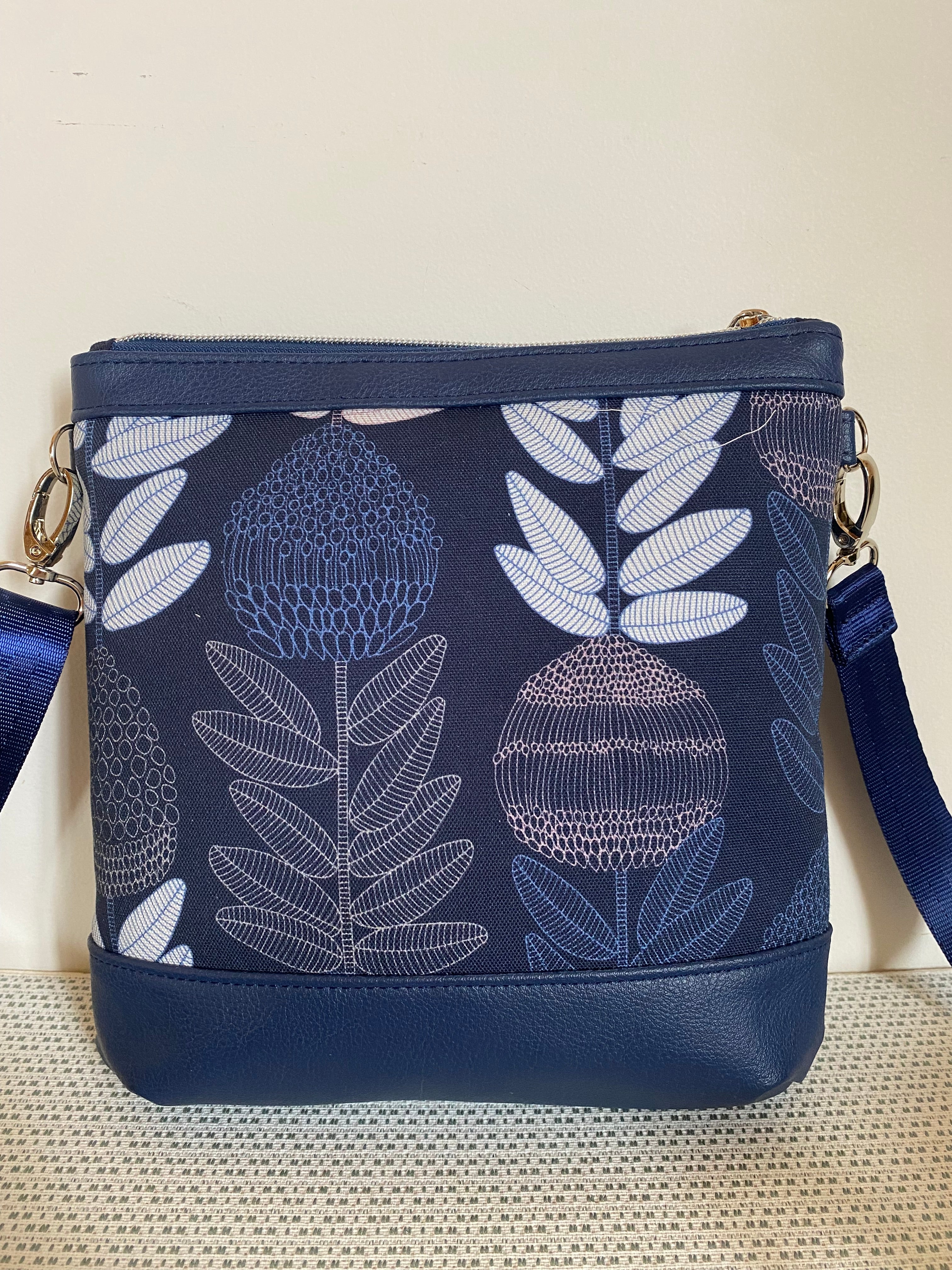 Mia Crossbody Bag - Protea in Blue with Navy Faux Leather