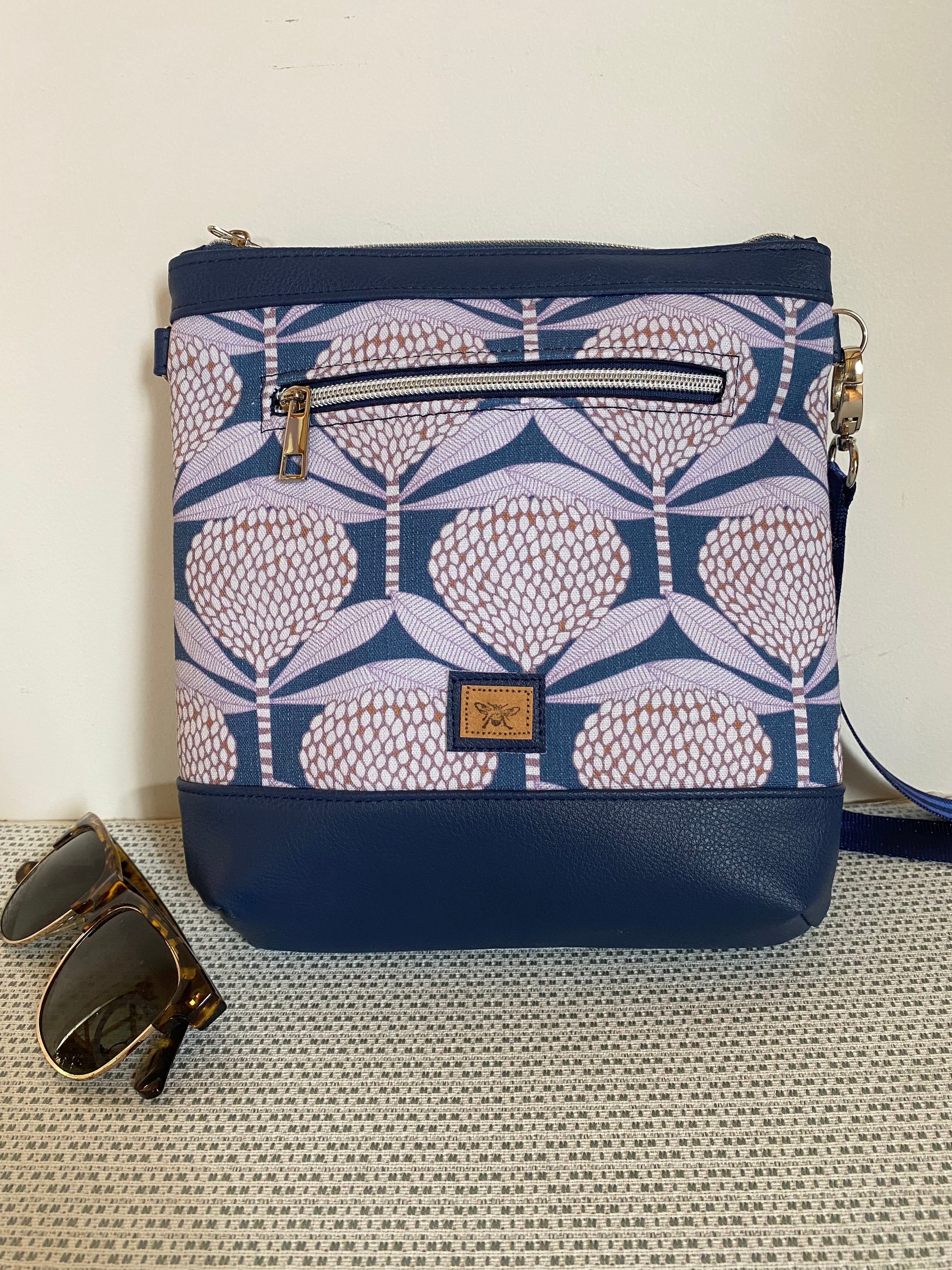 Mia Crossbody Bag - Banksia 0n Blue with Navy Faux Leather