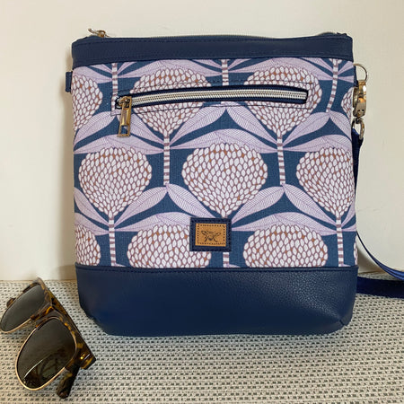 Mia Crossbody Bag - Banksia 0n Blue with Navy Faux Leather