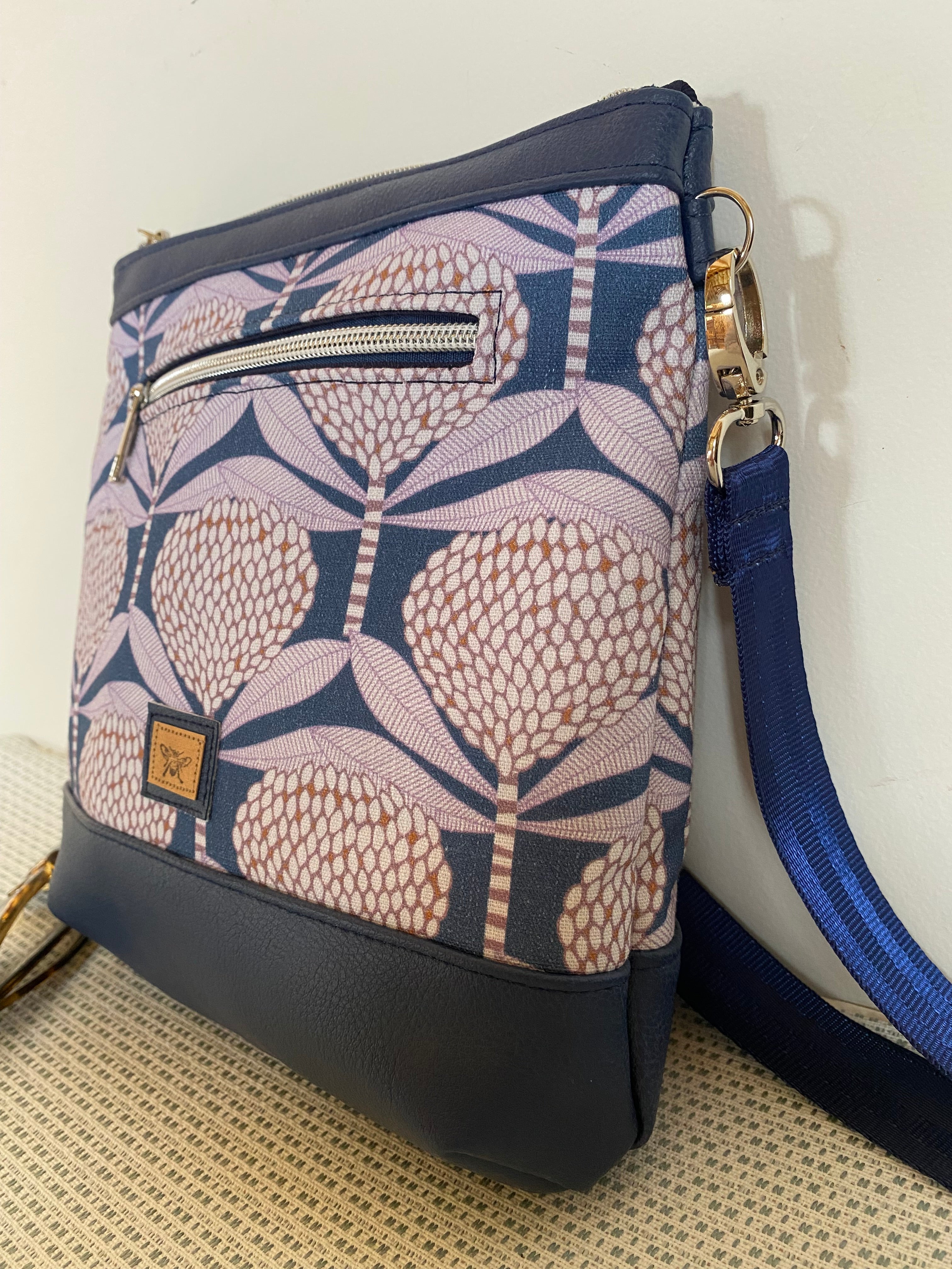 Mia Crossbody Bag - Banksia 0n Blue with Navy Faux Leather