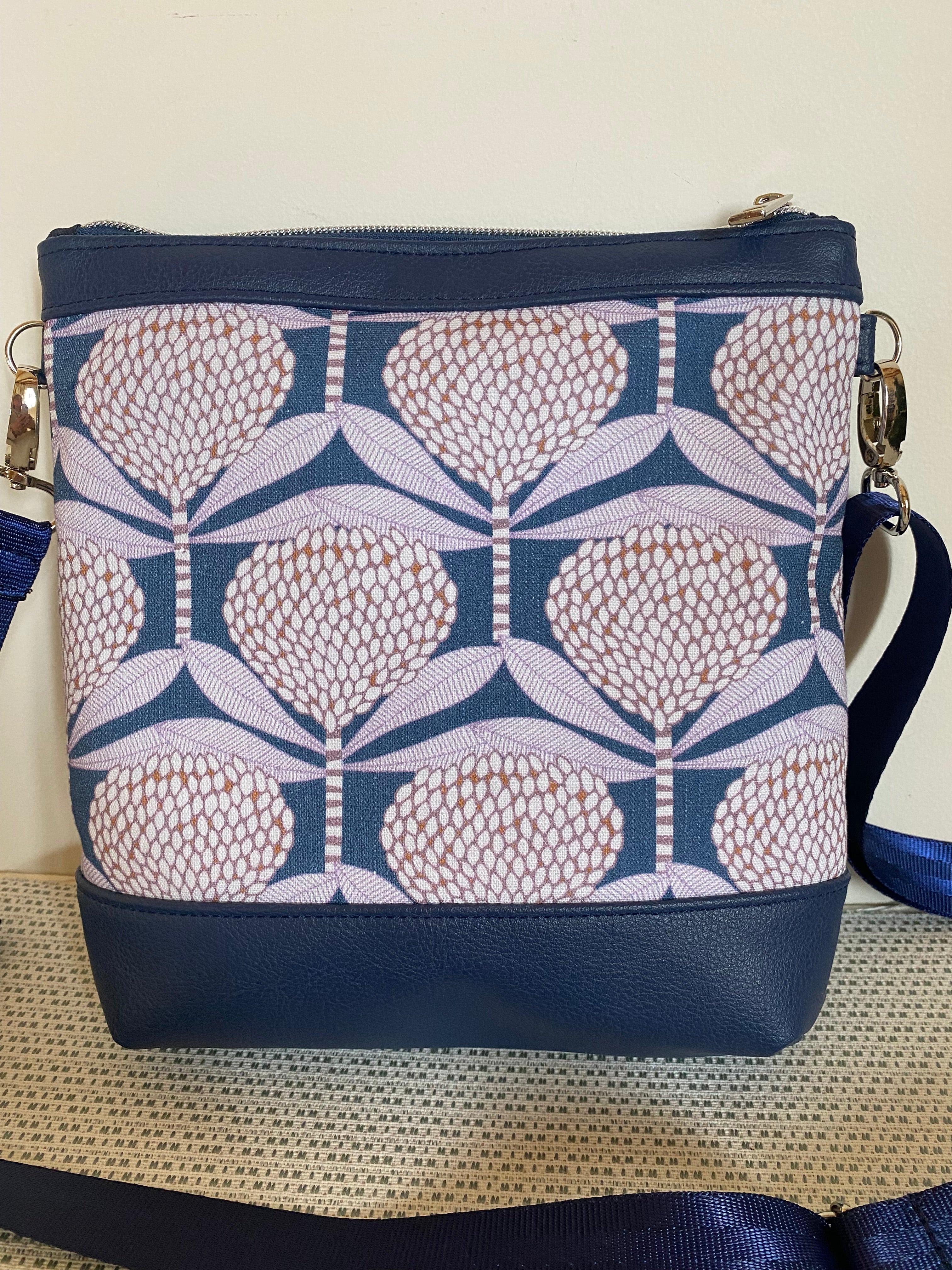 Mia Crossbody Bag - Banksia 0n Blue with Navy Faux Leather