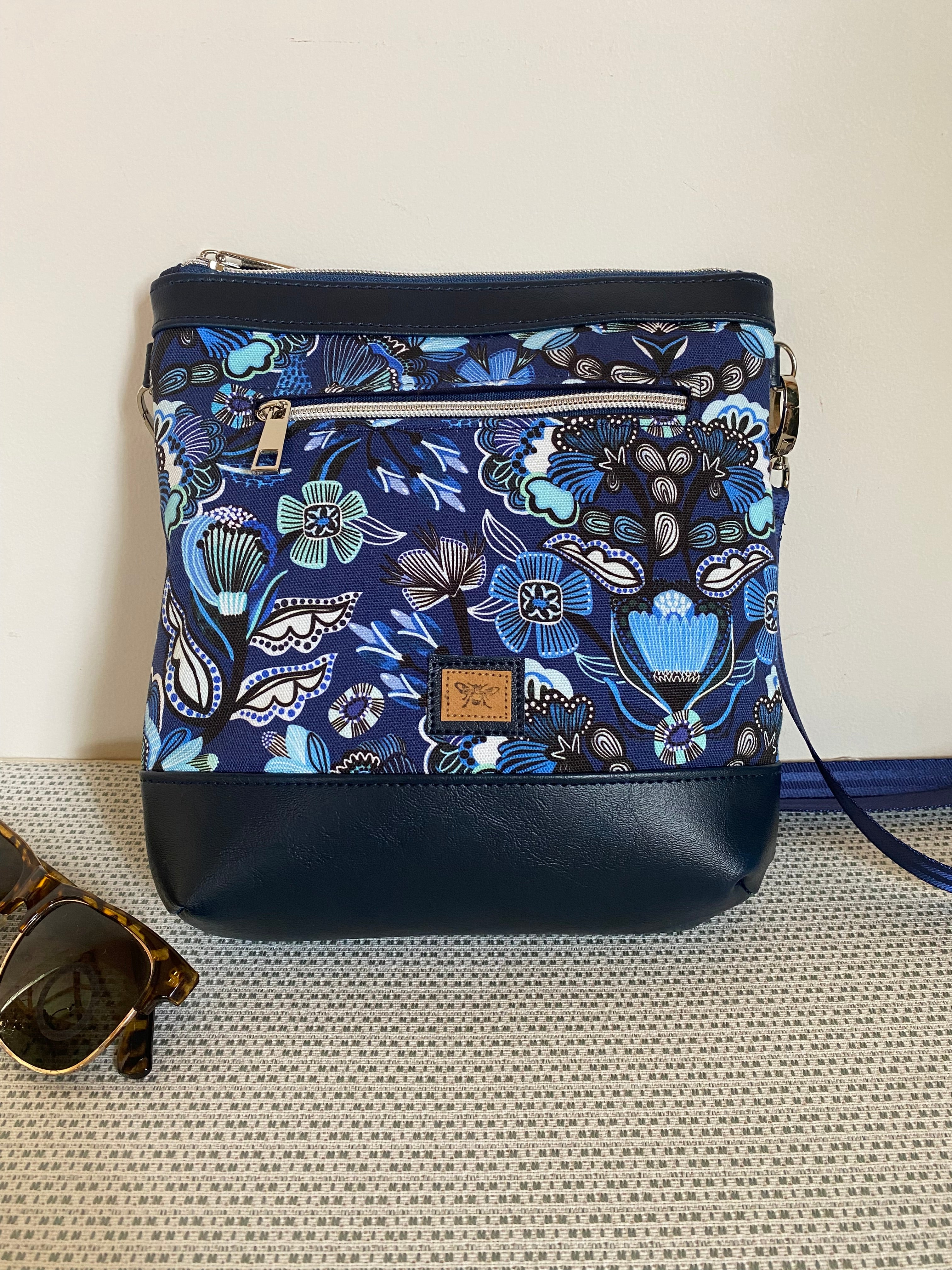 Mia Crossbody Bag - Blue Floral with Navy Faux Leather