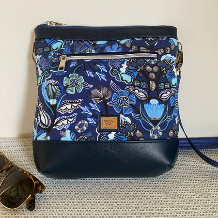 Mia Crossbody Bag - Blue Floral with Navy Faux Leather