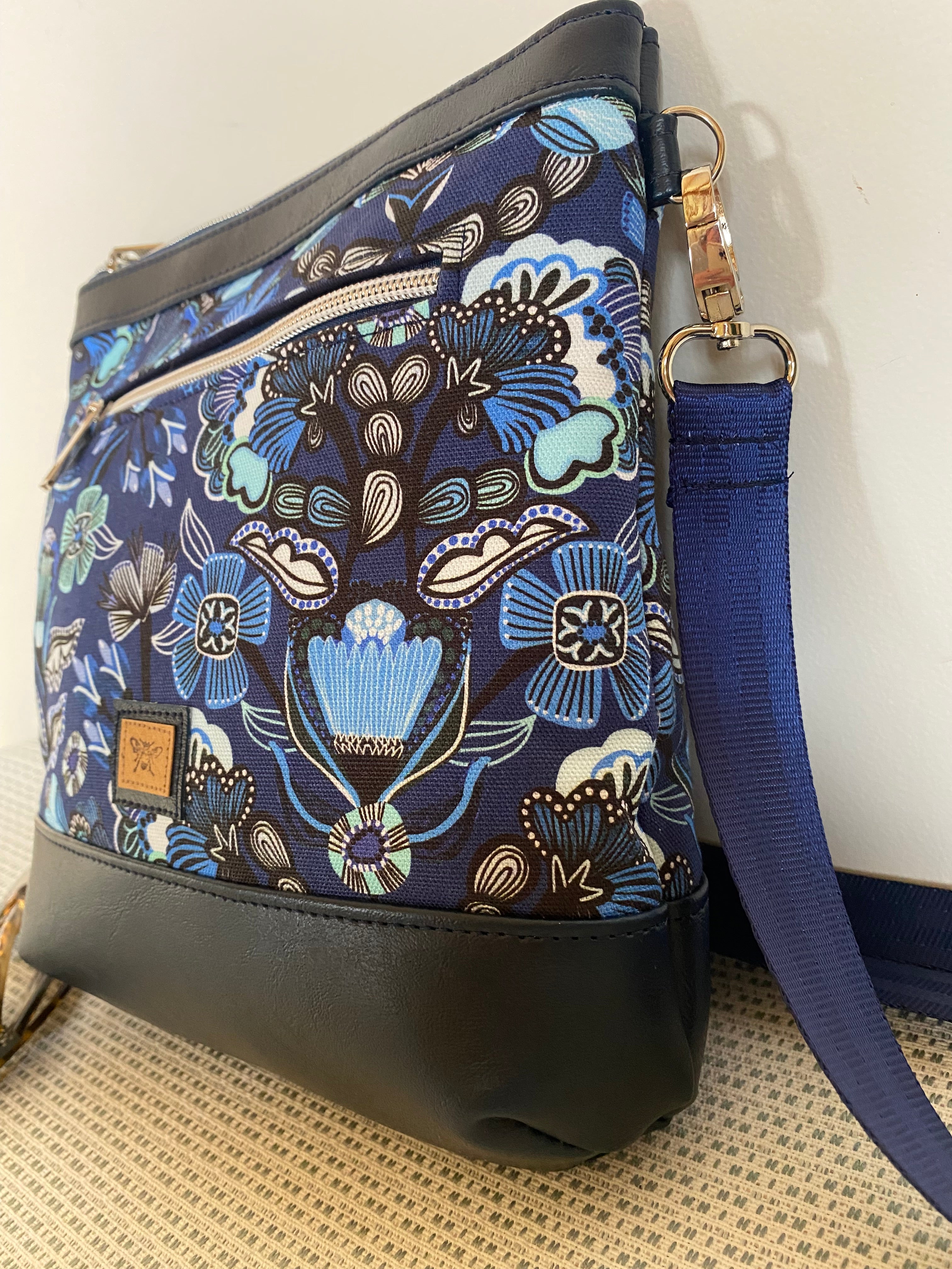 Mia Crossbody Bag - Blue Floral with Navy Faux Leather