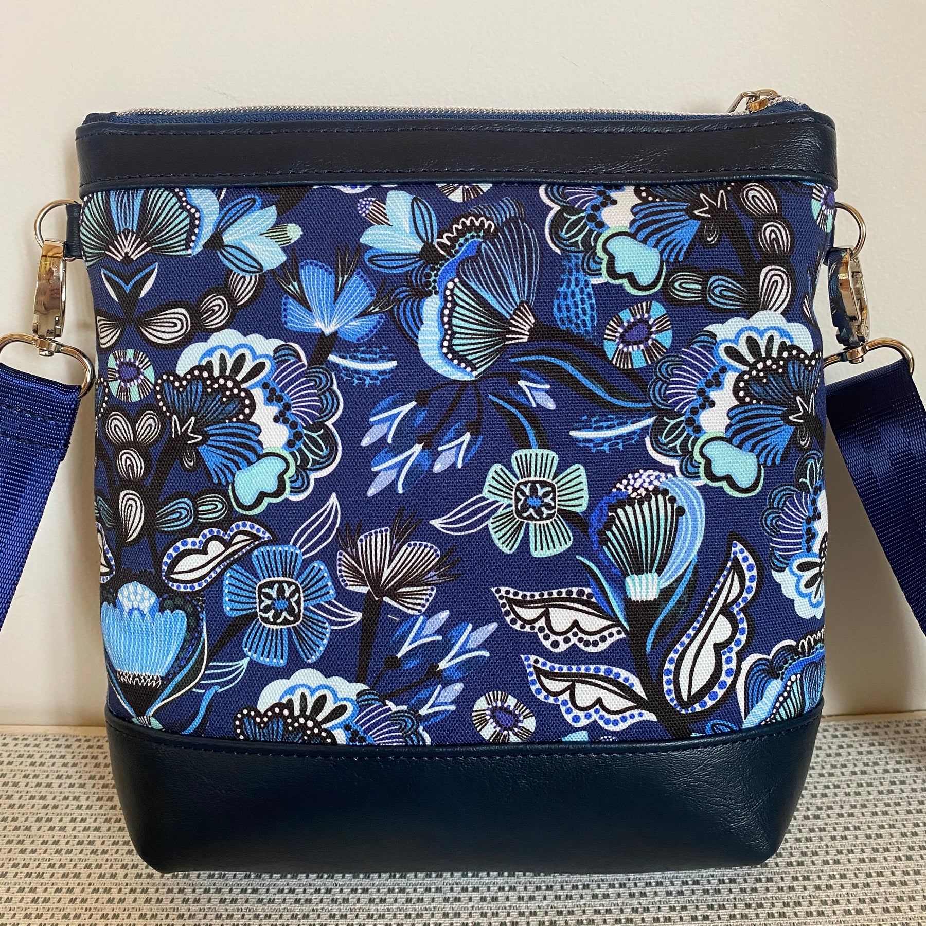 Mia Crossbody Bag - Blue Floral with Navy Faux Leather