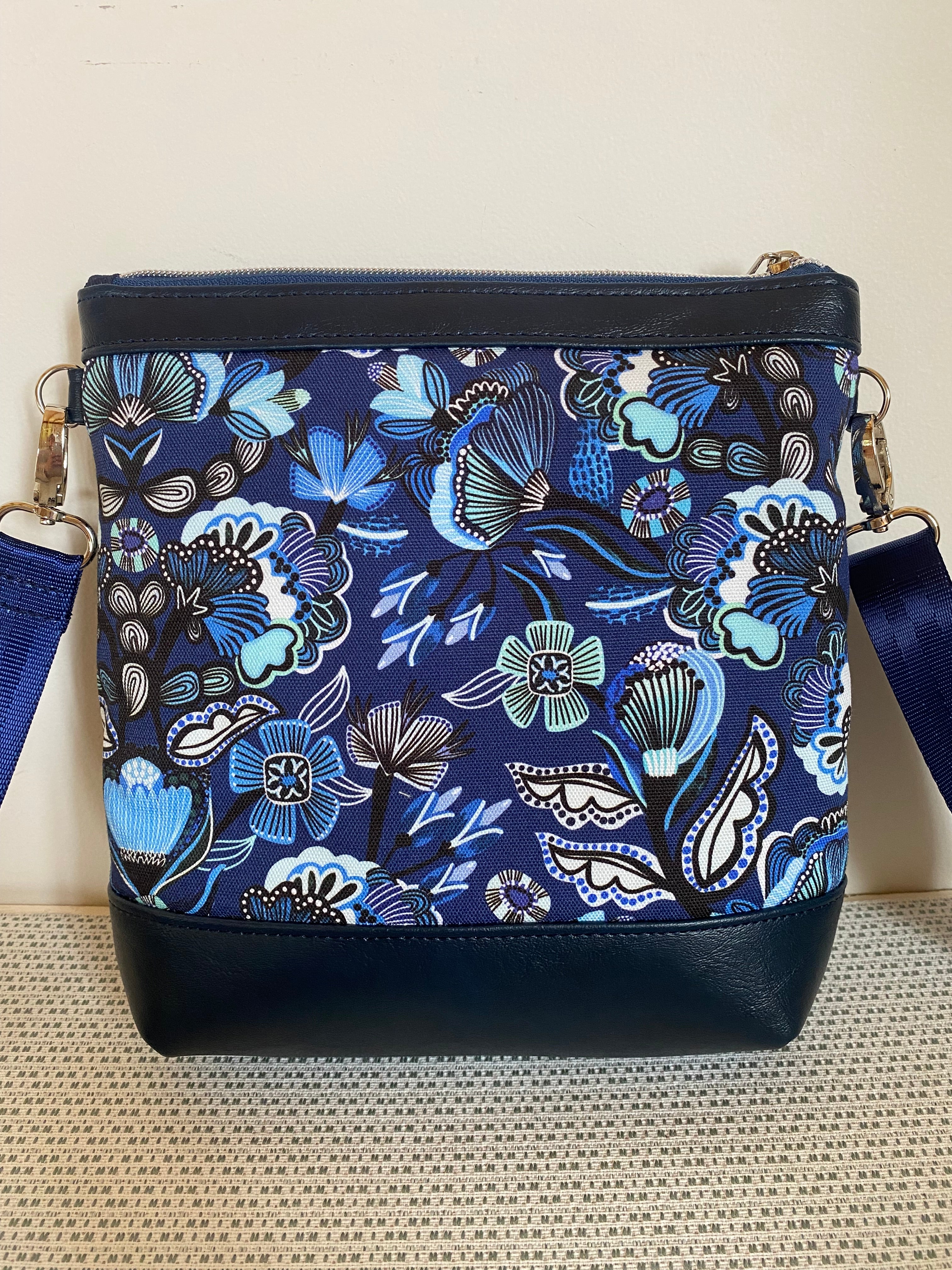 Mia Crossbody Bag - Blue Floral with Navy Faux Leather