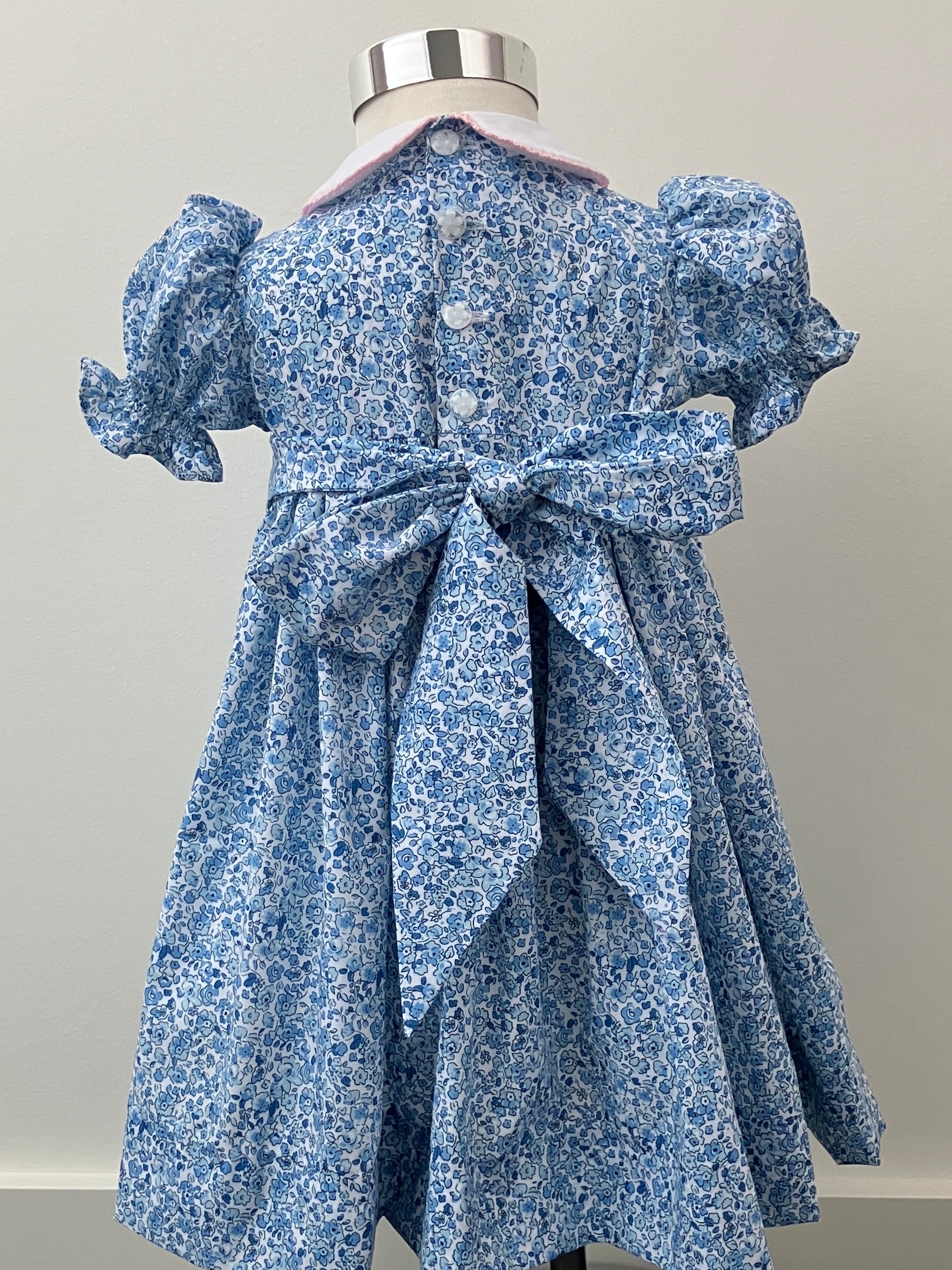 Hand-smocked and embroidered dress - size 2 - blue floral fabric