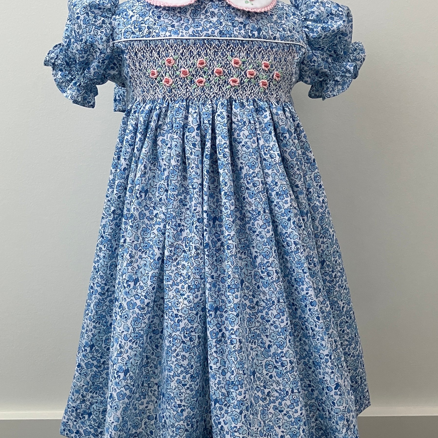 Hand-smocked and embroidered dress - size 2 - blue floral fabric