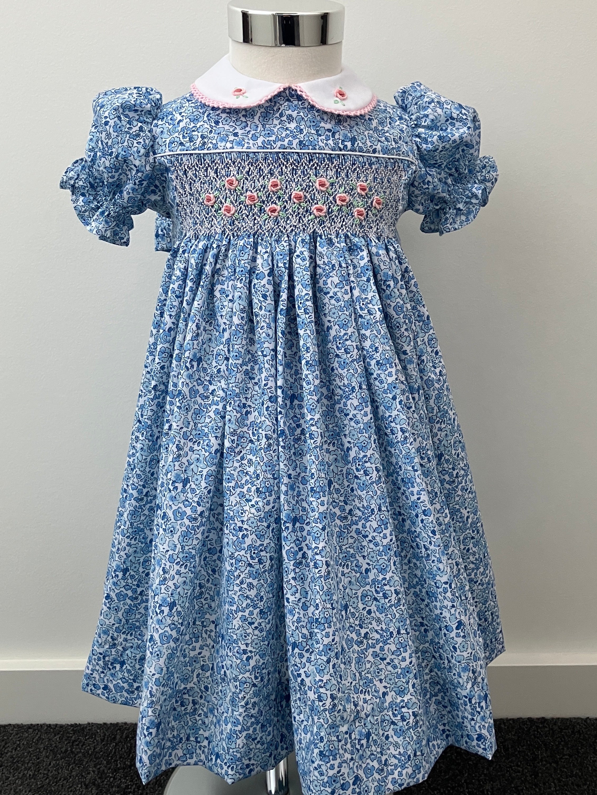 Hand-smocked and embroidered dress - size 2 - blue floral fabric