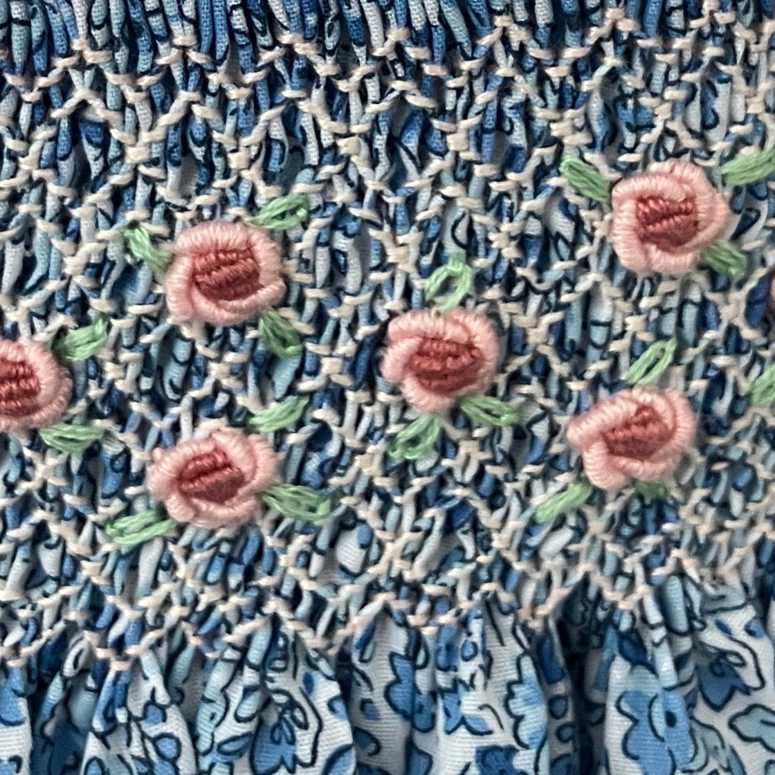 Hand-smocked and embroidered dress - size 2 - blue floral fabric