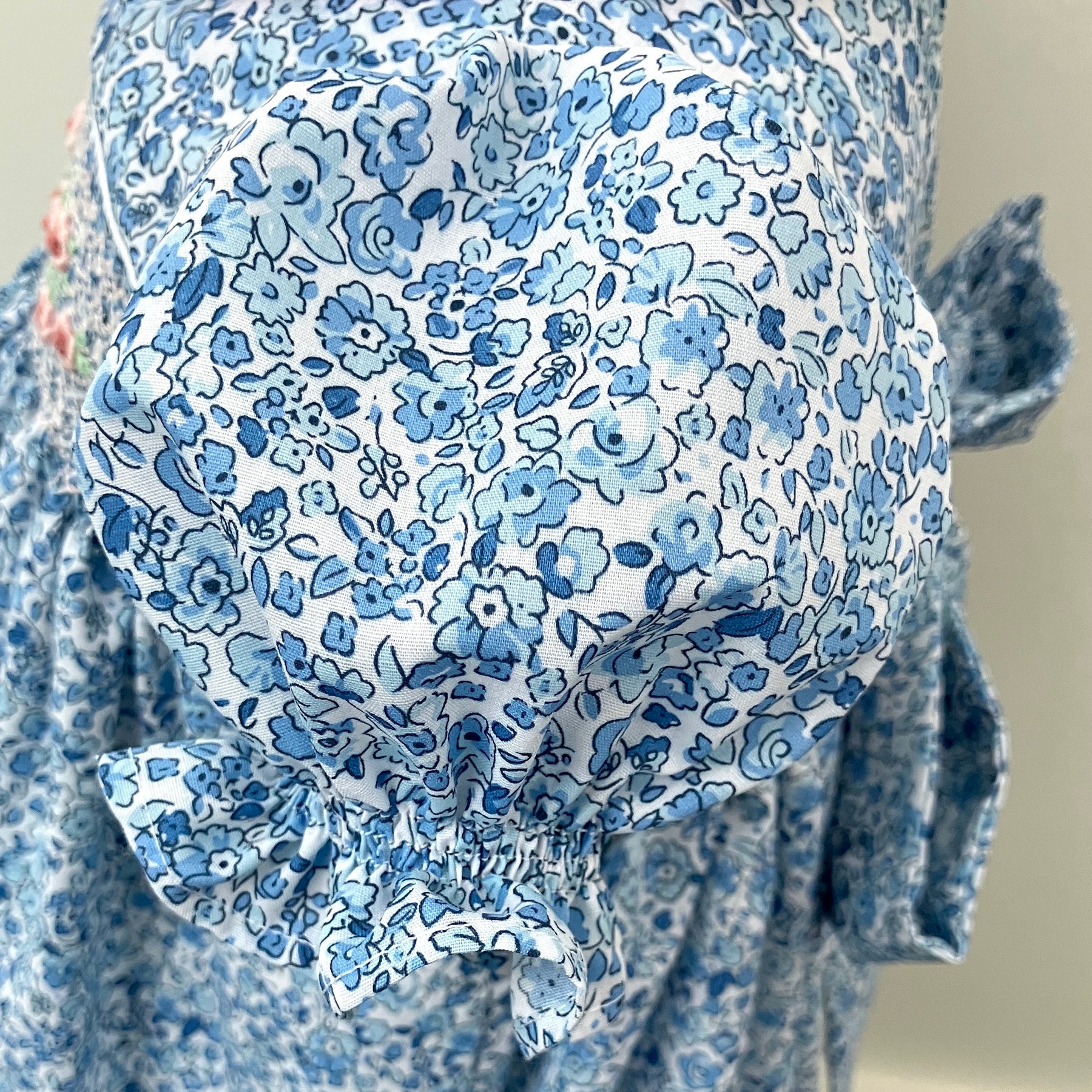 Hand-smocked and embroidered dress - size 2 - blue floral fabric