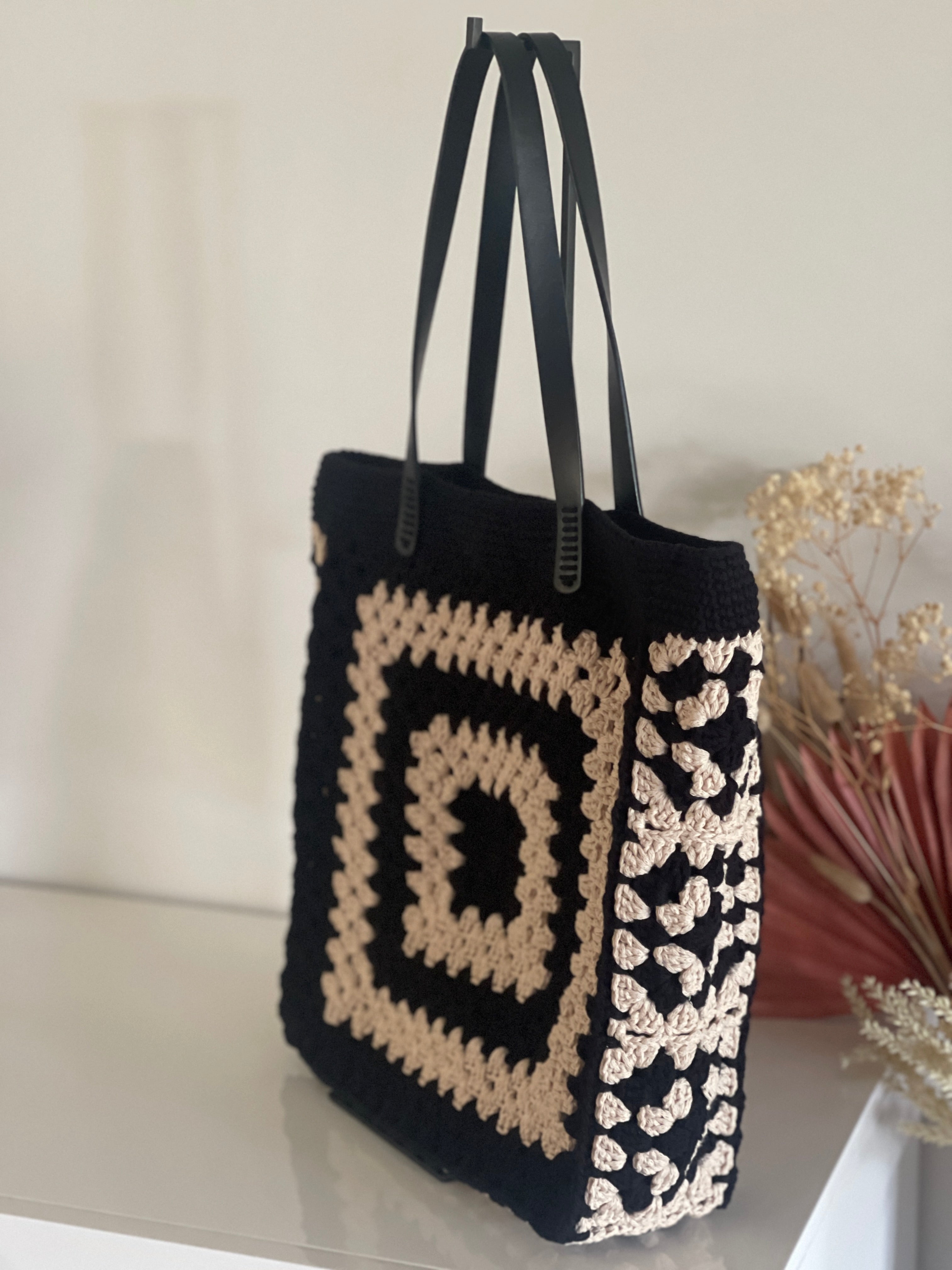 Crochet Tote Bag in Black and Beige, Handmade Handbag, Everyday Shoulder Bag