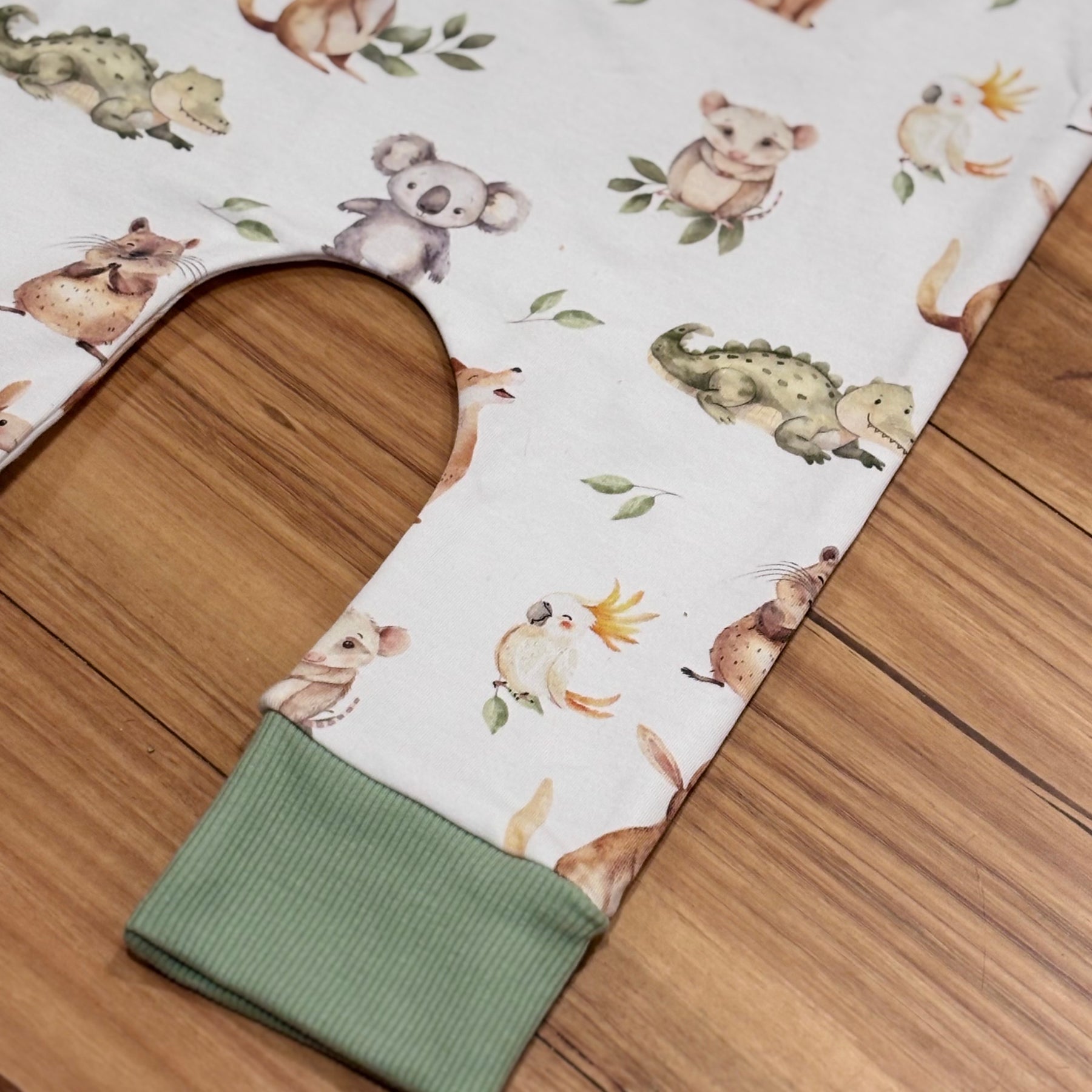 Baby Stretch Overalls | Green Australian Animals | Size 000 to 3 | Made to order