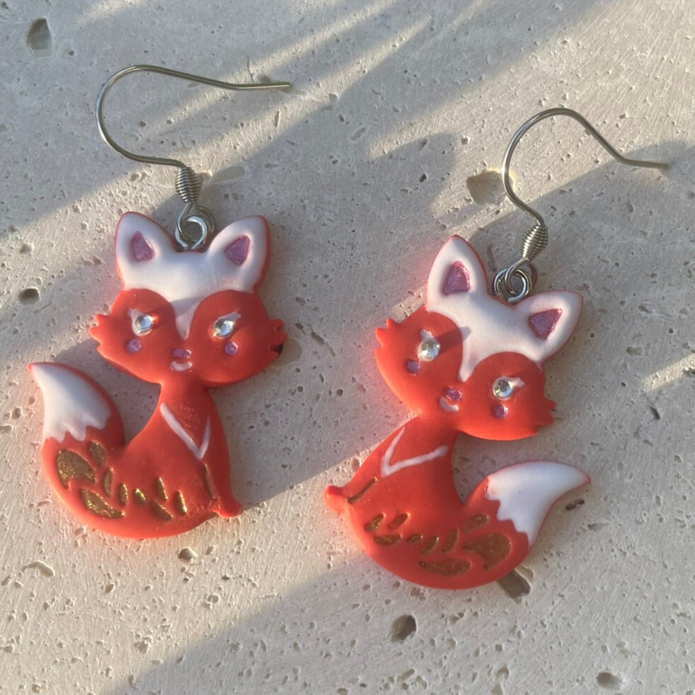 Hand Painted Polymer Clay Orange Fox Earrings