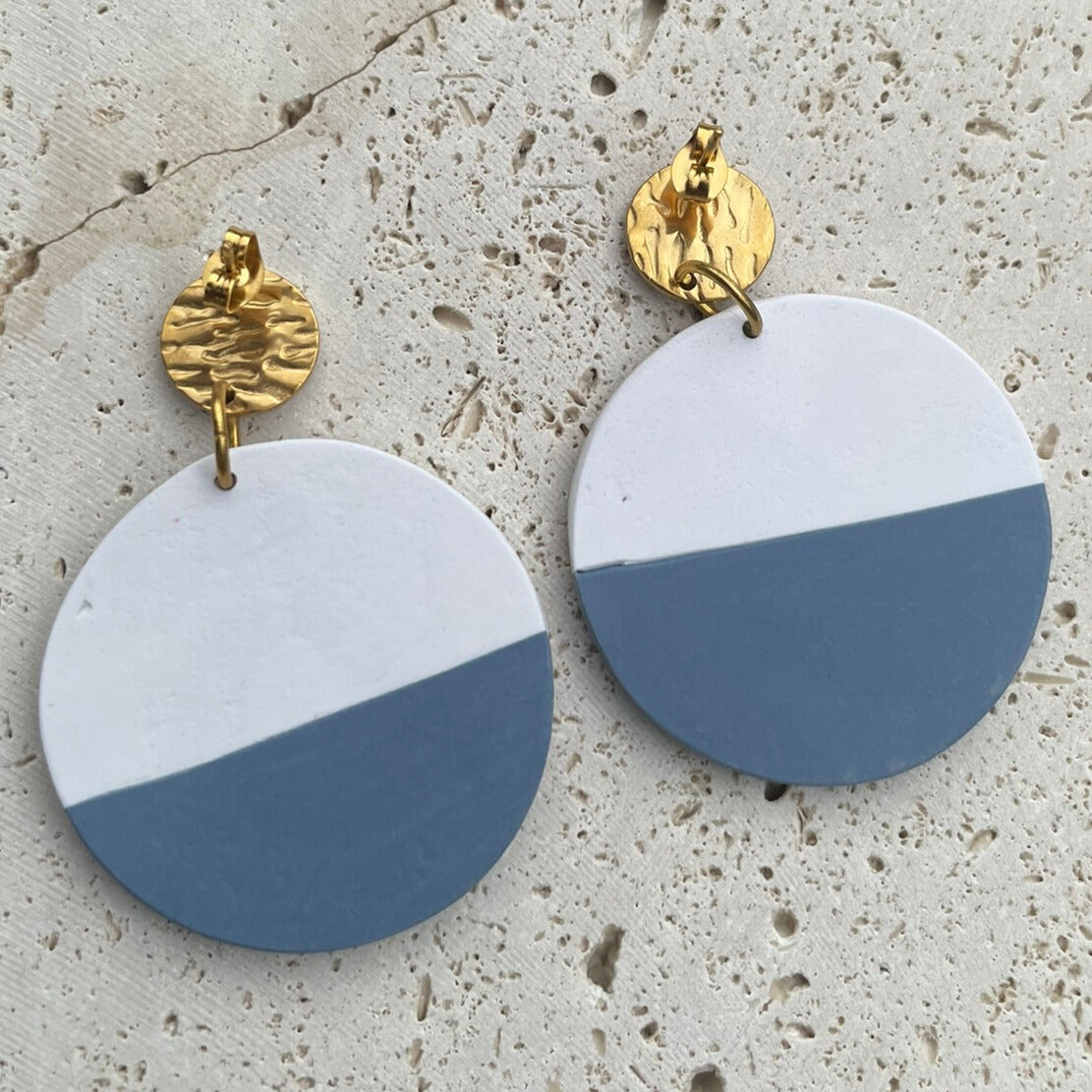 Blue white and gold hand-textured round polymer clay earrings