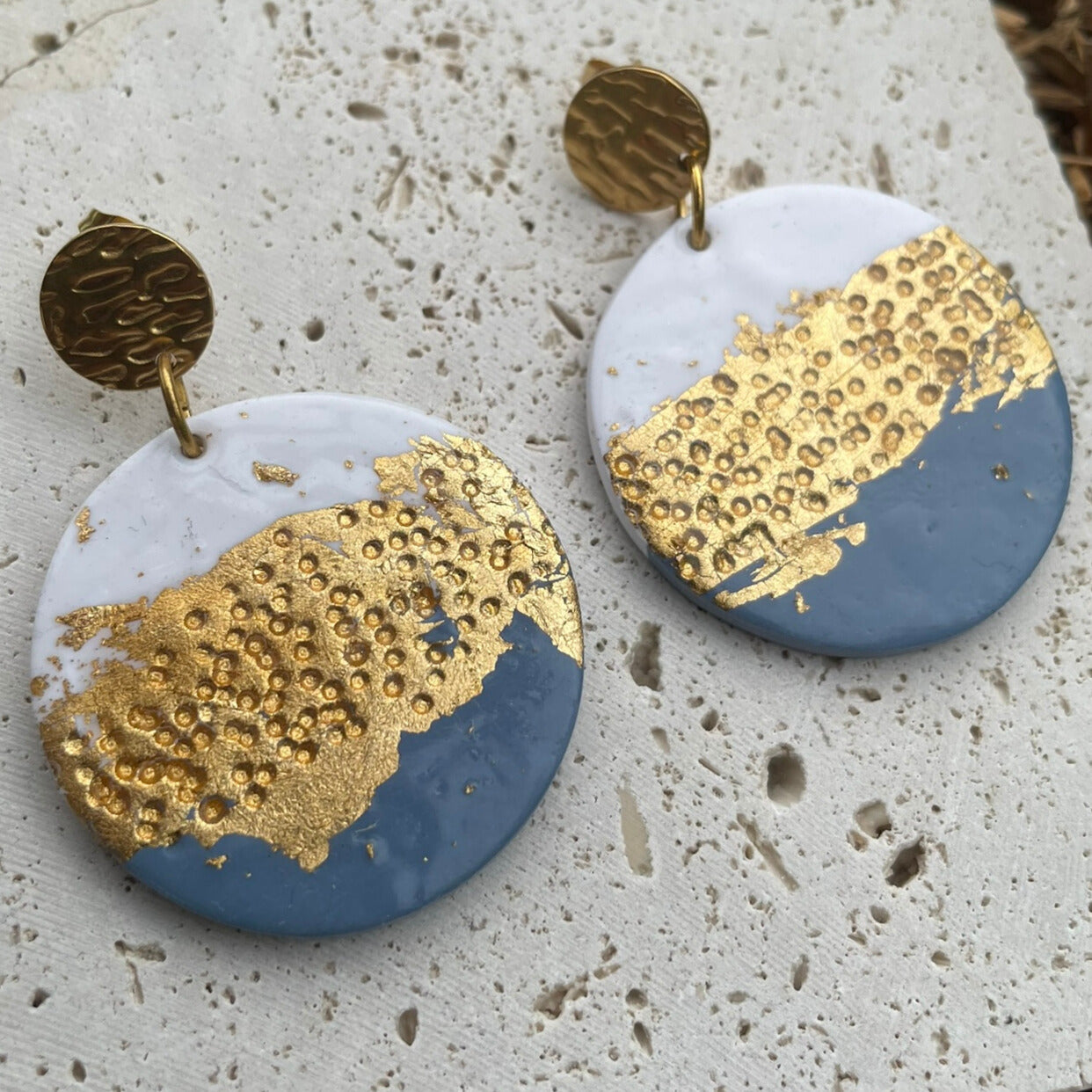 Blue white and gold hand-textured round polymer clay earrings