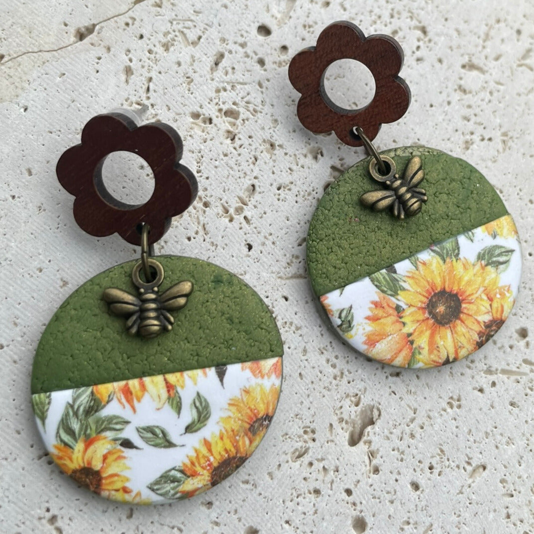 Polymer Clay Sunflower and Bee Earrings