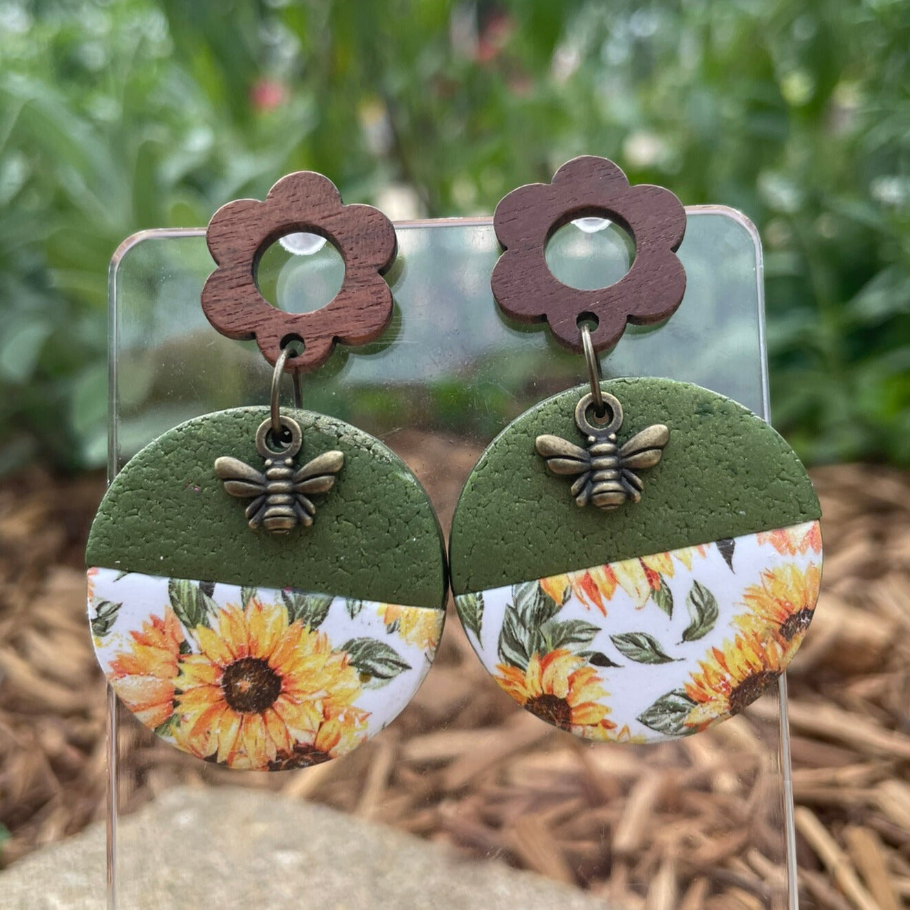 Polymer Clay Sunflower and Bee Earrings