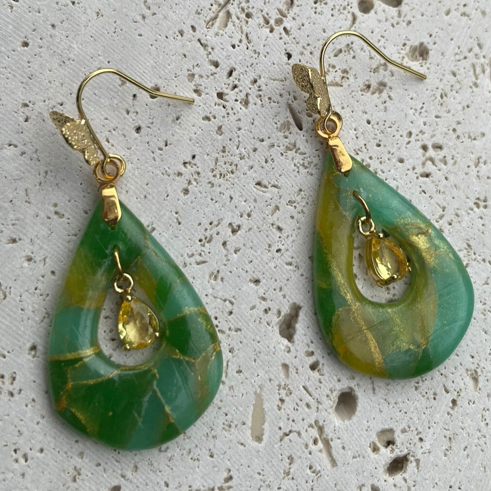 Green aqua and yellow stone look marbled polymer clay earrings butterfly hook