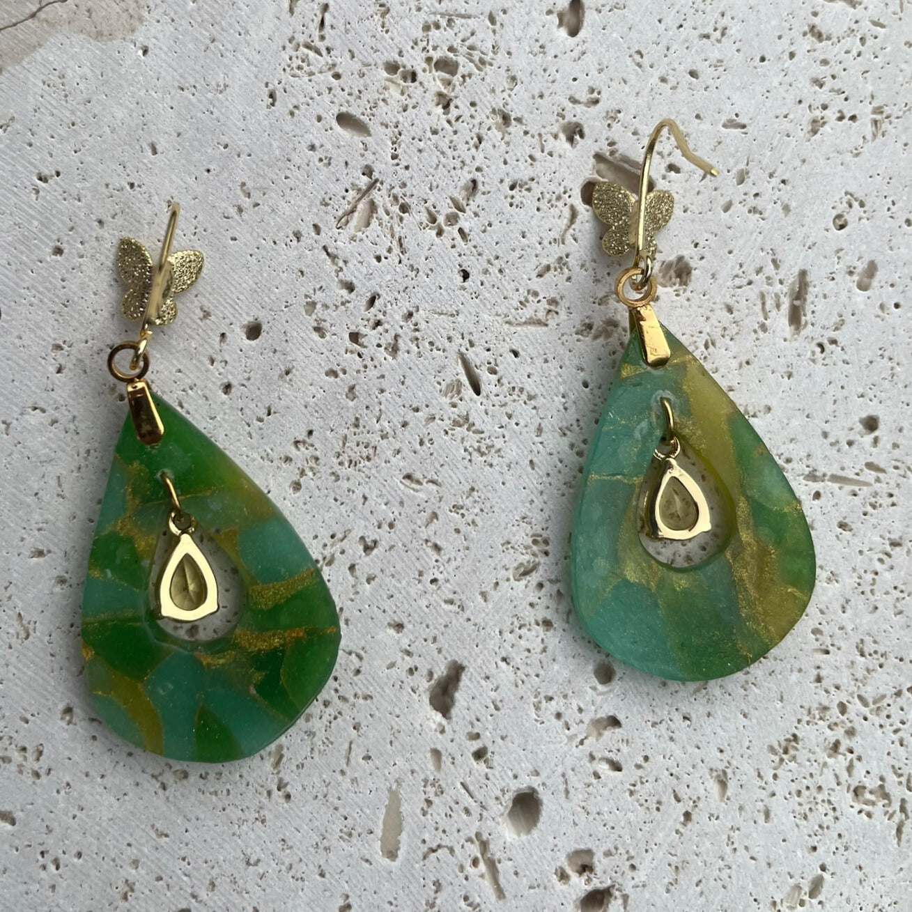 Green aqua and yellow stone look marbled polymer clay earrings butterfly hook