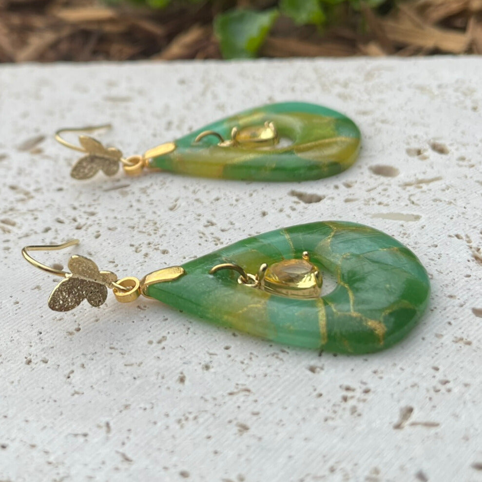 Green aqua and yellow stone look marbled polymer clay earrings butterfly hook