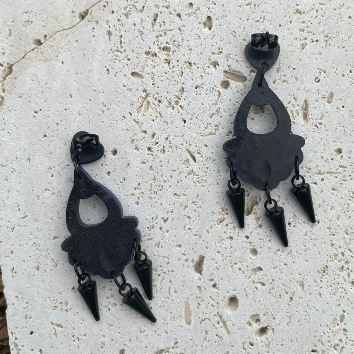 Black blue and purple edgy hand painted polymer clay earrings