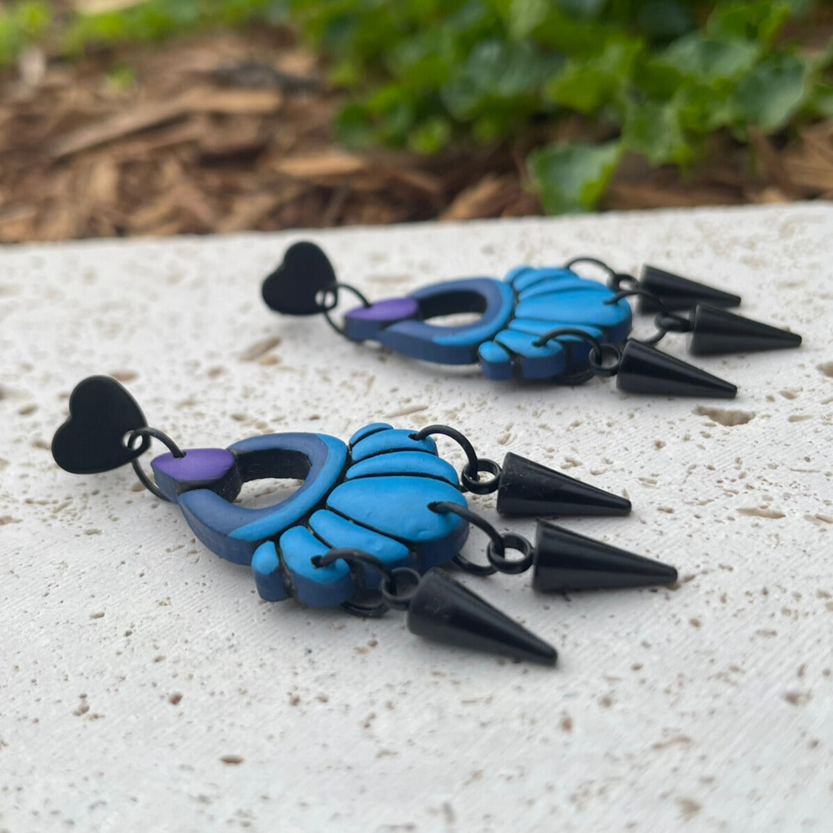 Black blue and purple edgy hand painted polymer clay earrings
