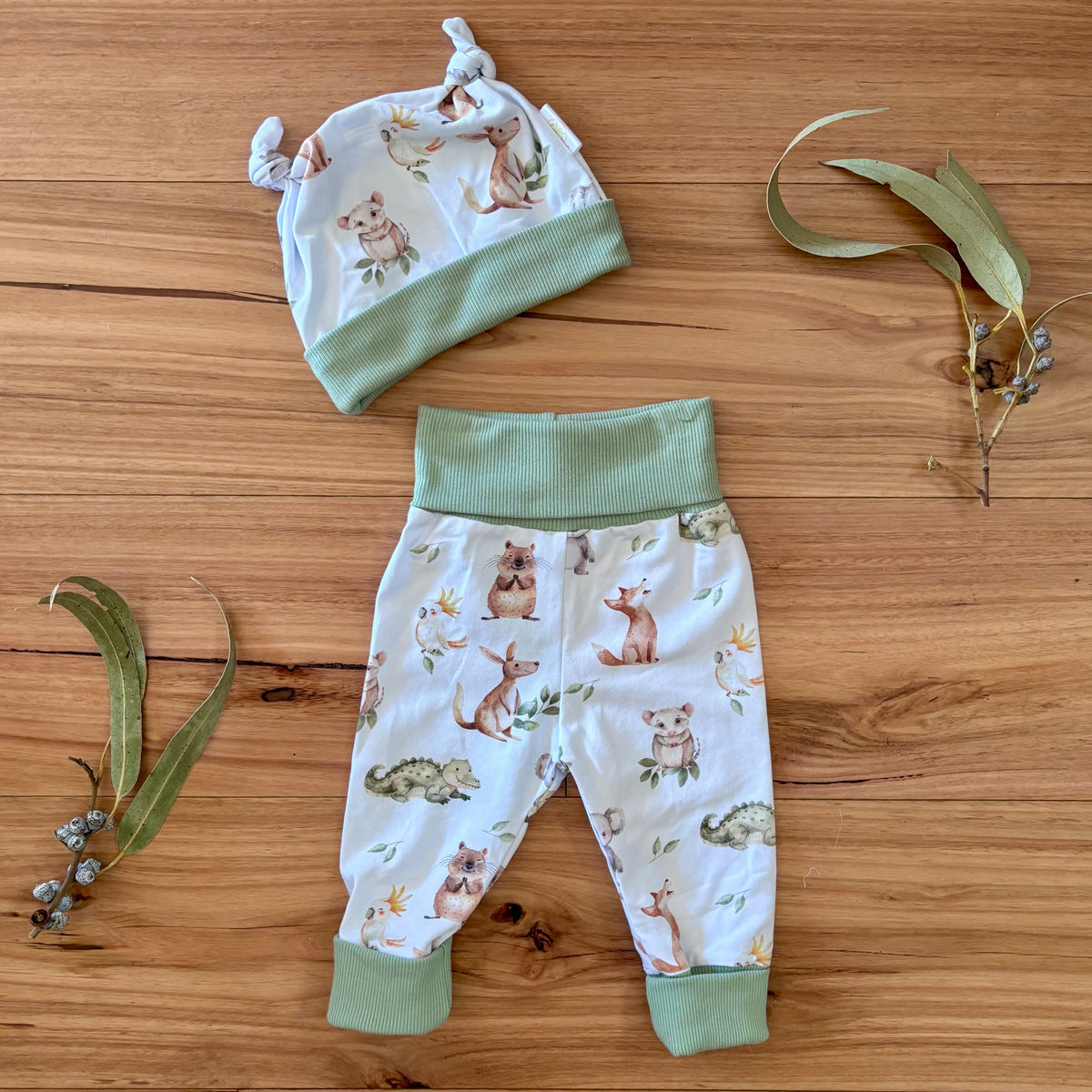 Baby Pants and Hat Set | Green Aussie Animals | Size newborn to 1 | Made to order