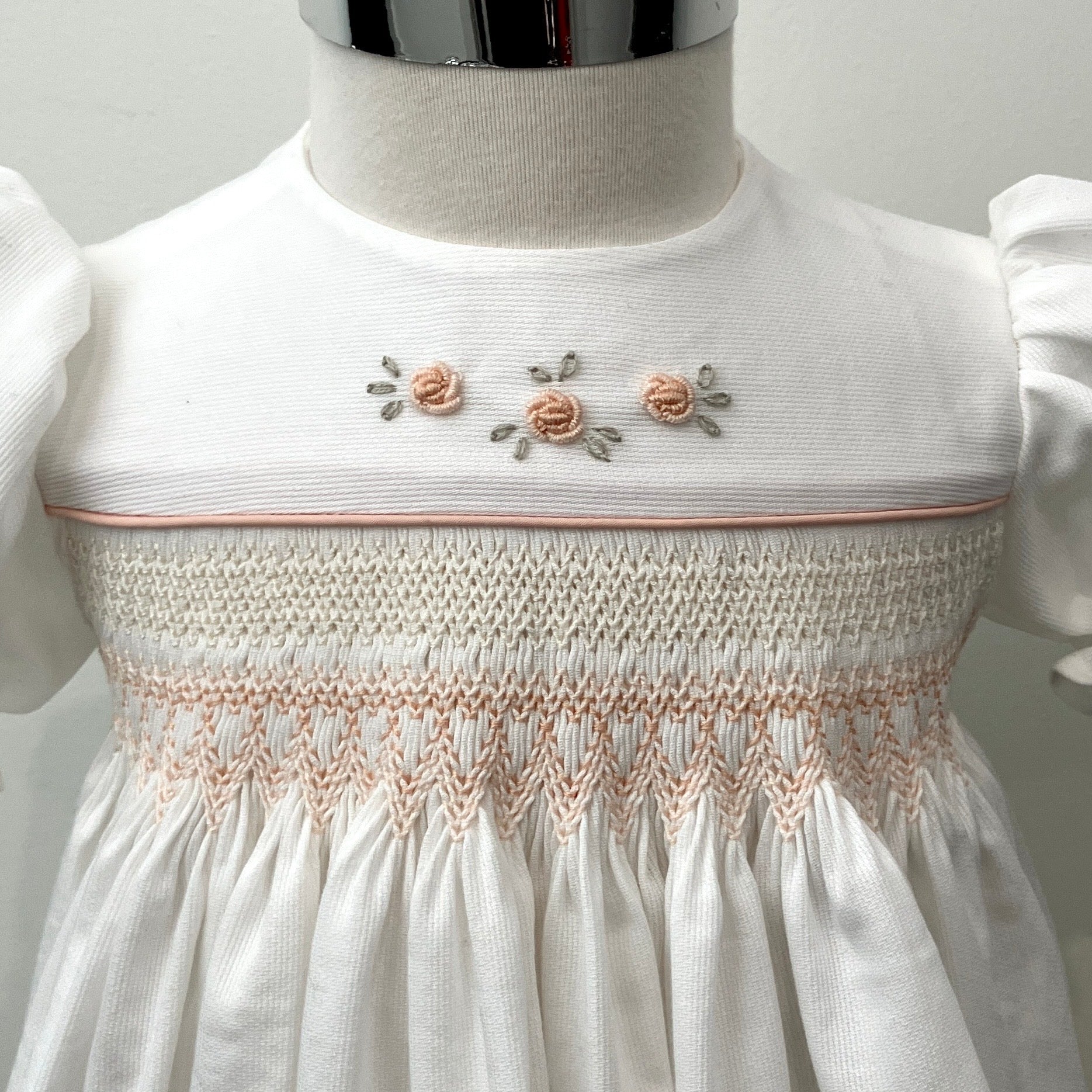Hand-smocked and embroidered dress - size 2 - ivory with blush tones