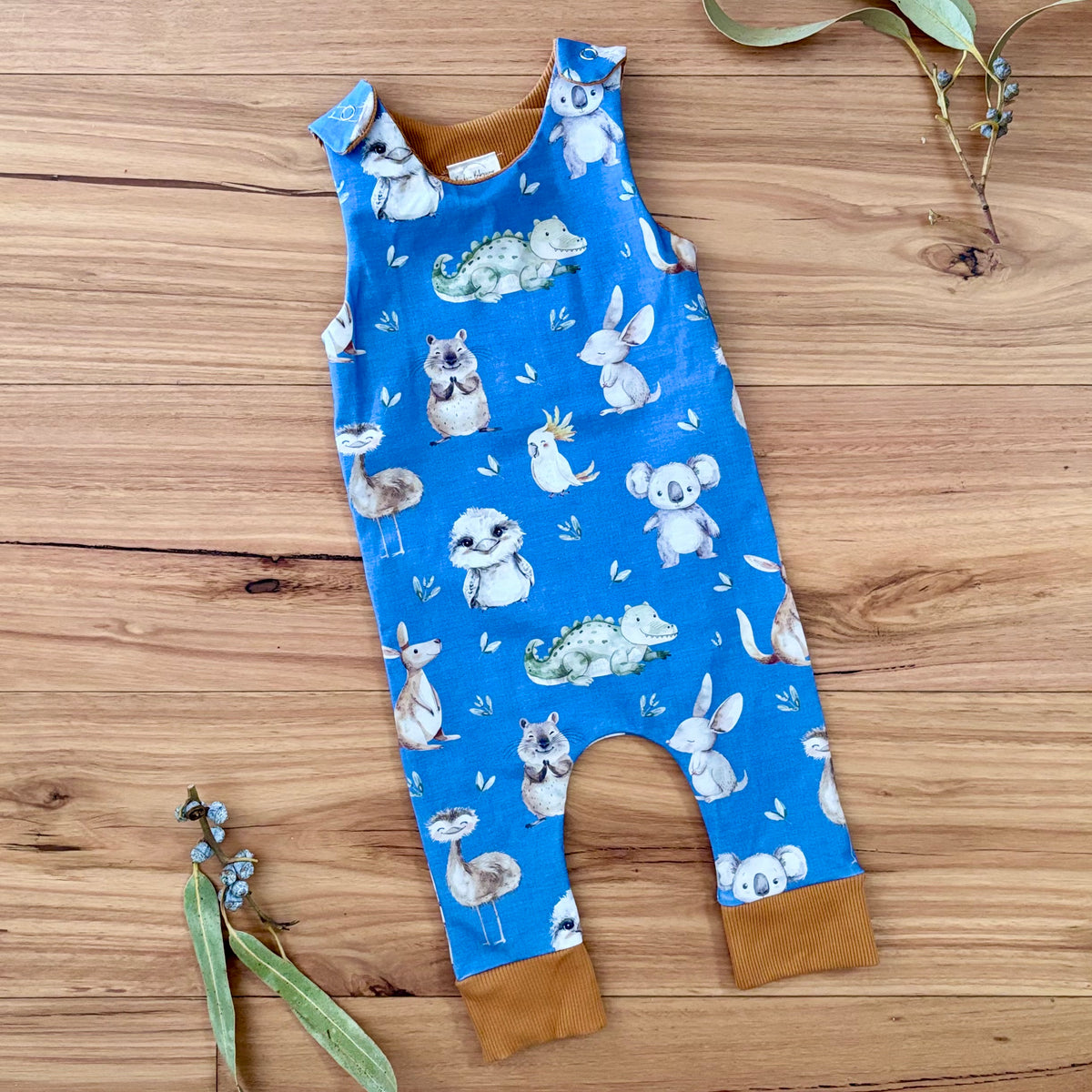 Baby Stretch Overalls | Blue Australian Animals | Size 000 to 3 | Made to order
