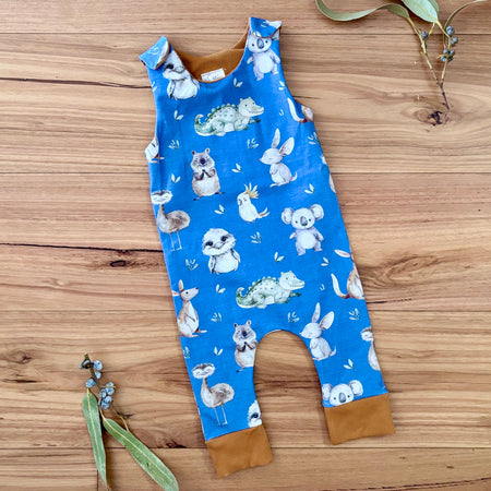 Baby Stretch Overalls - Blue Australian Animals