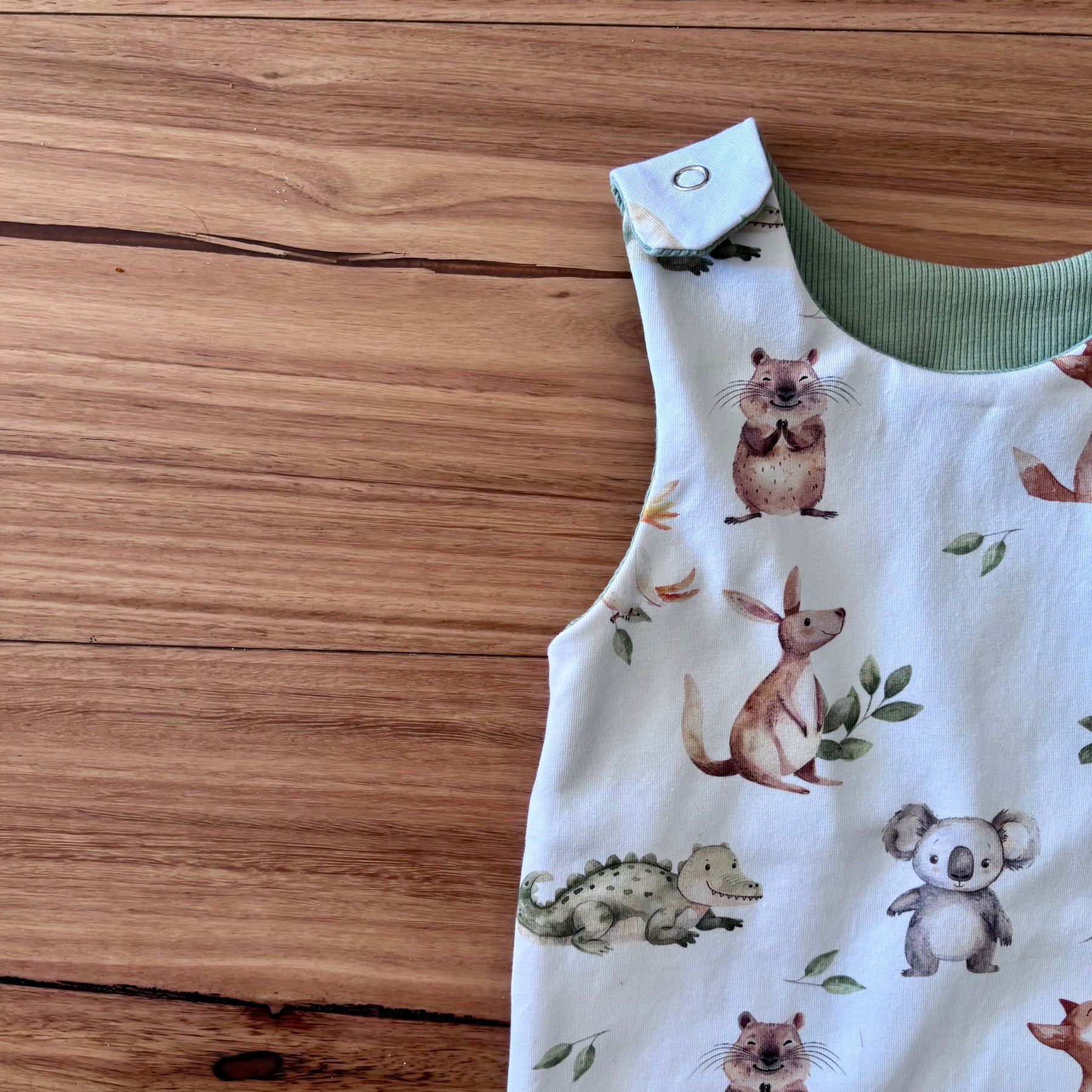 Baby Stretch Overalls | Green Australian Animals | Size 000 to 3 | Made to order