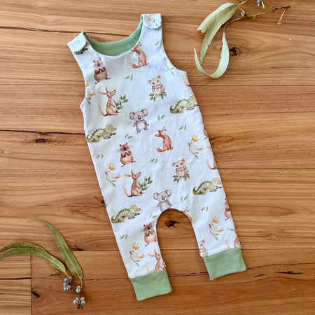 Baby Stretch Overalls -  Green Australian Animals