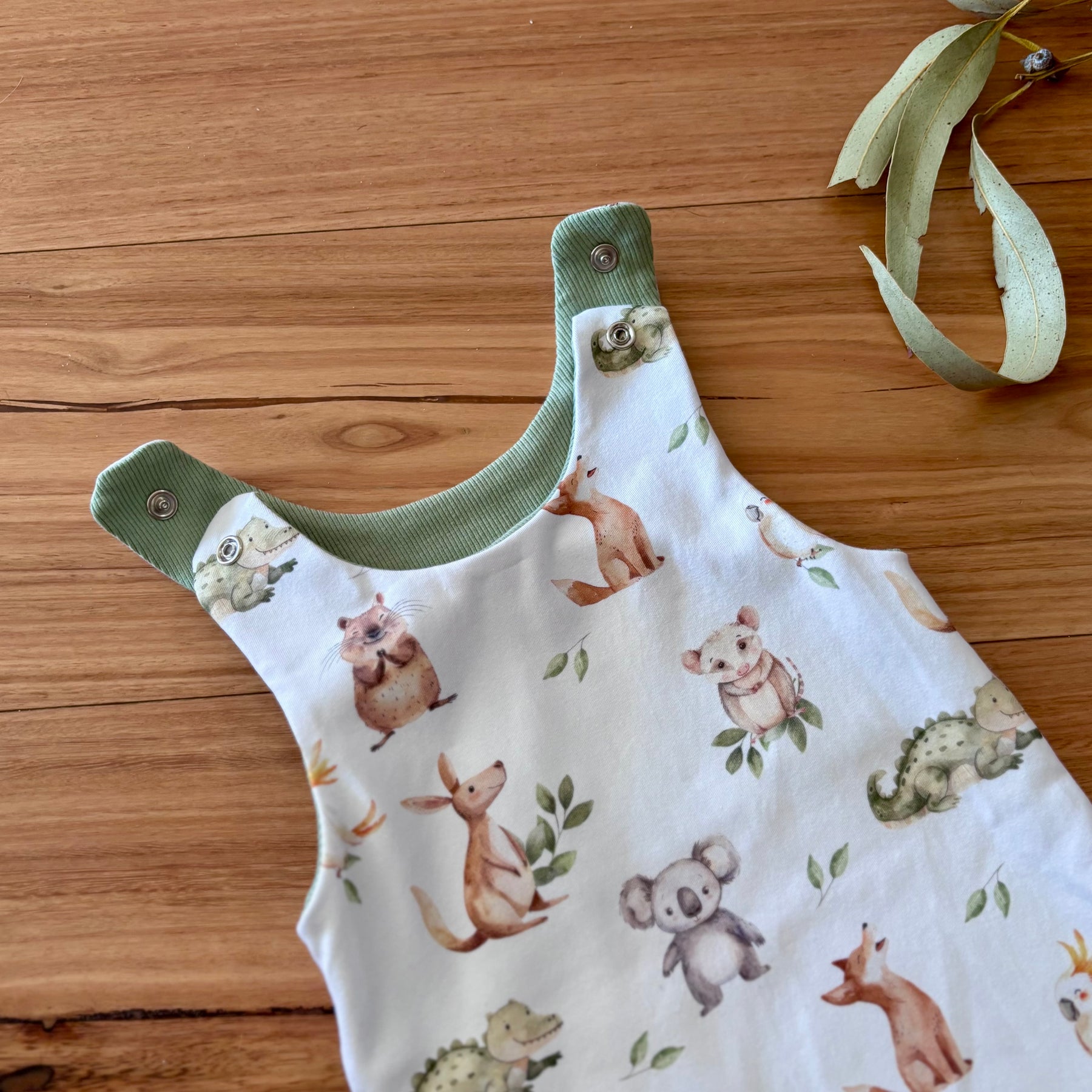 Baby Stretch Overalls | Green Australian Animals | Size 000 to 3 | Made to order