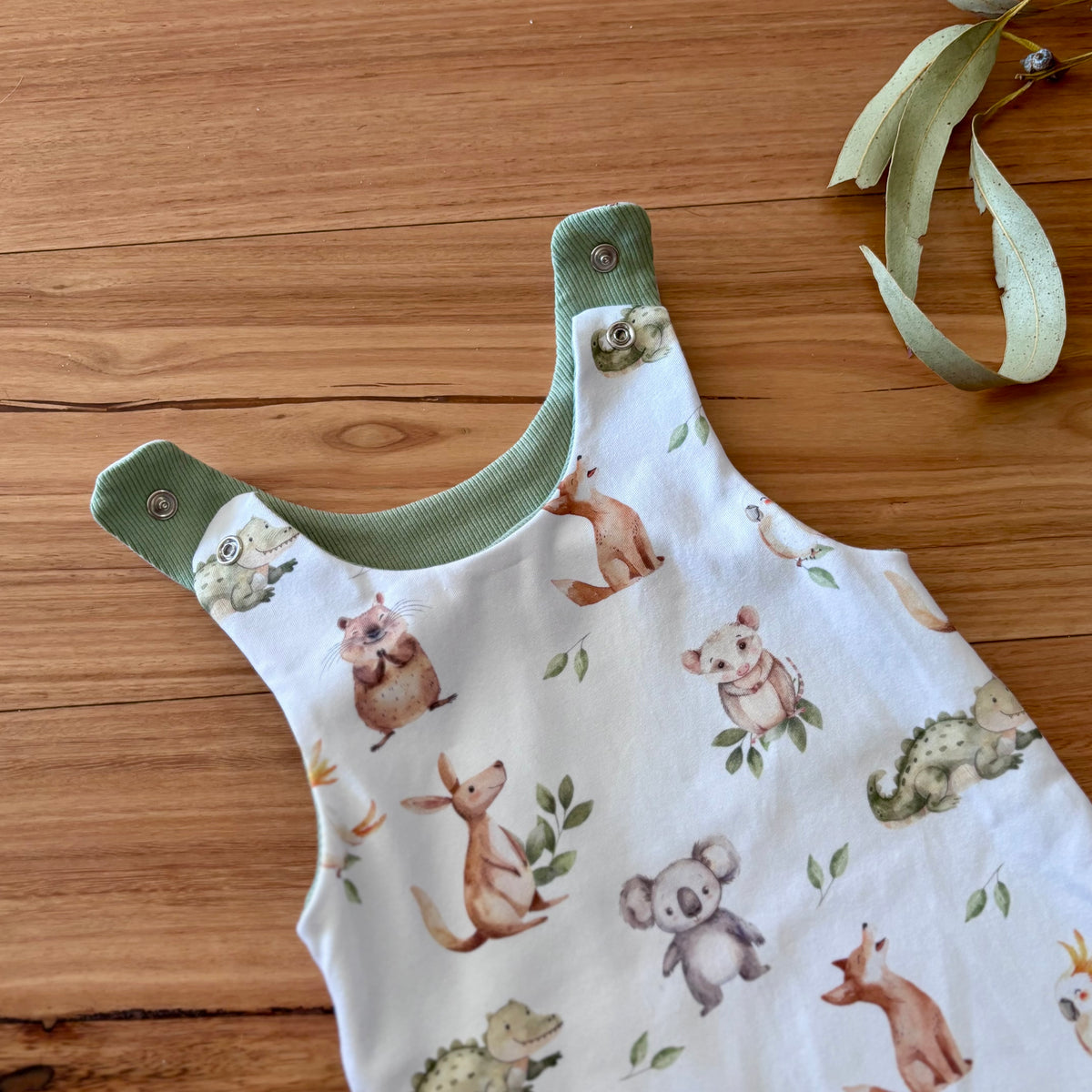 Baby Stretch Overalls | Green Australian Animals | Size 000 to 3 | Made to order