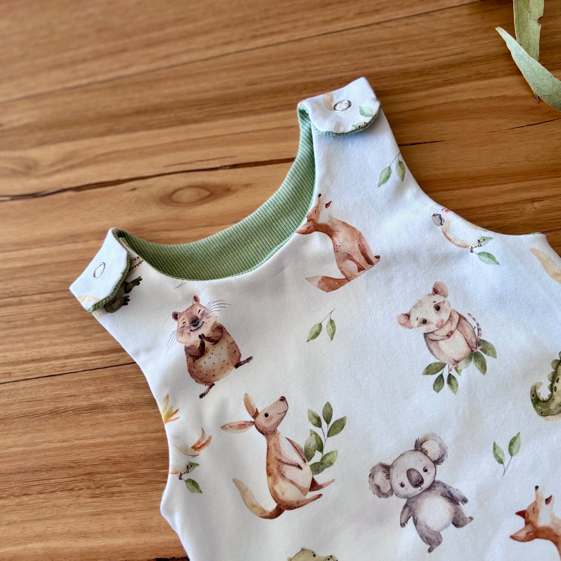 Baby Stretch Overalls | Green Australian Animals | Size 000 to 3 | Made to order