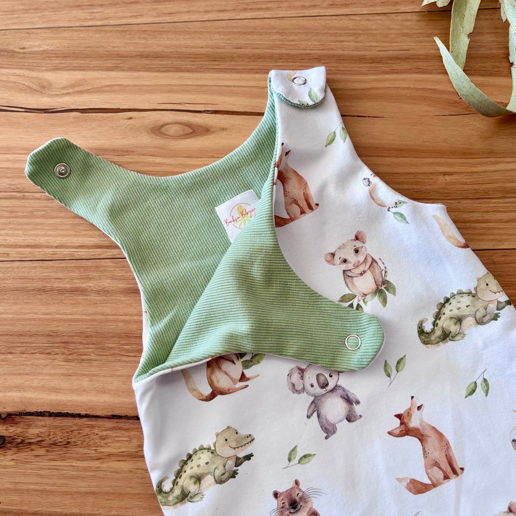 Baby Stretch Overalls | Green Australian Animals | Size 000 to 3 | Made to order
