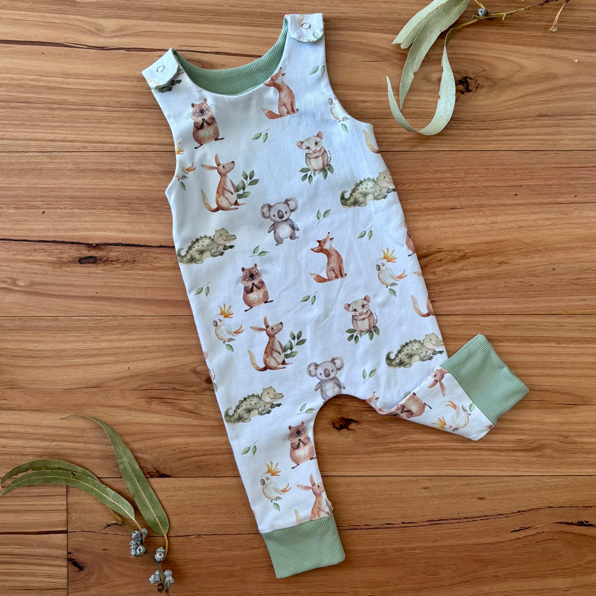 Baby Stretch Overalls | Green Australian Animals | Size 000 to 3 | Made to order